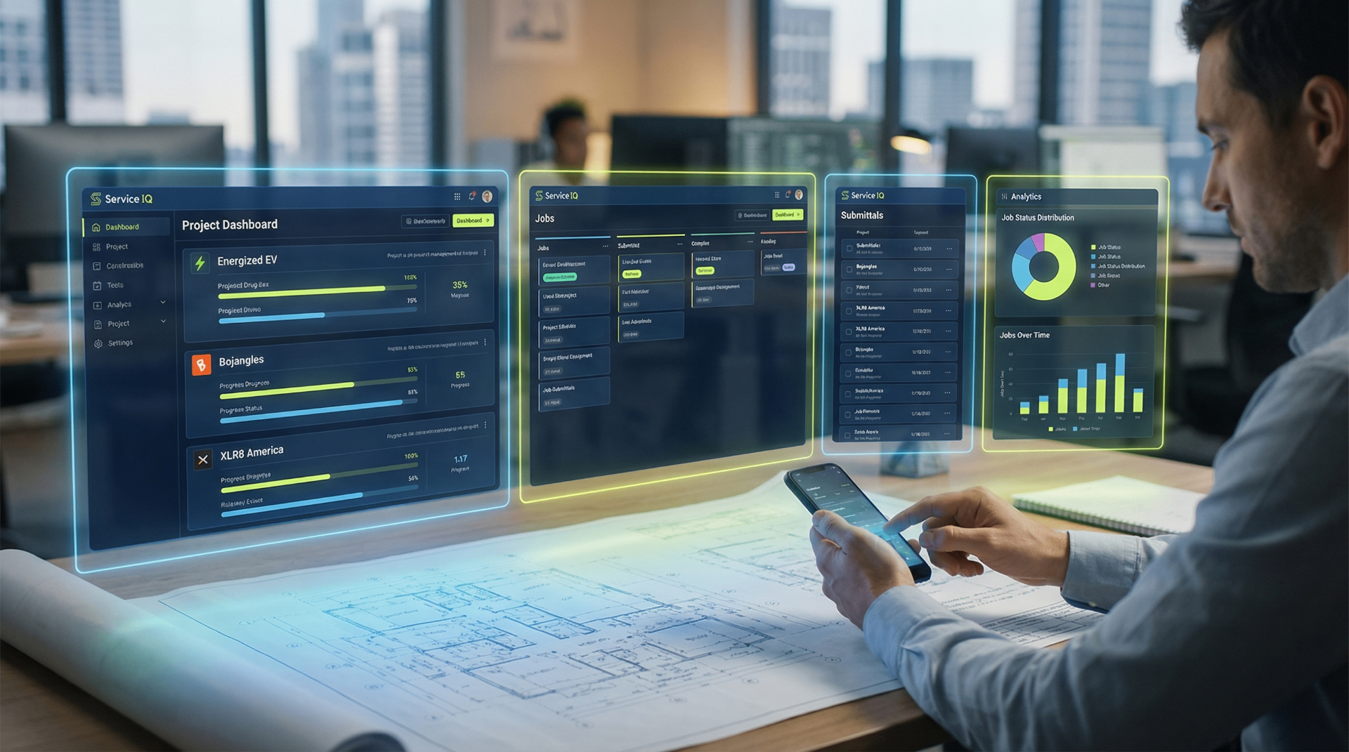 Contractor reviewing ServiceIQ dashboards, jobs, submittals, and analytics as holographic screens above a blueprint