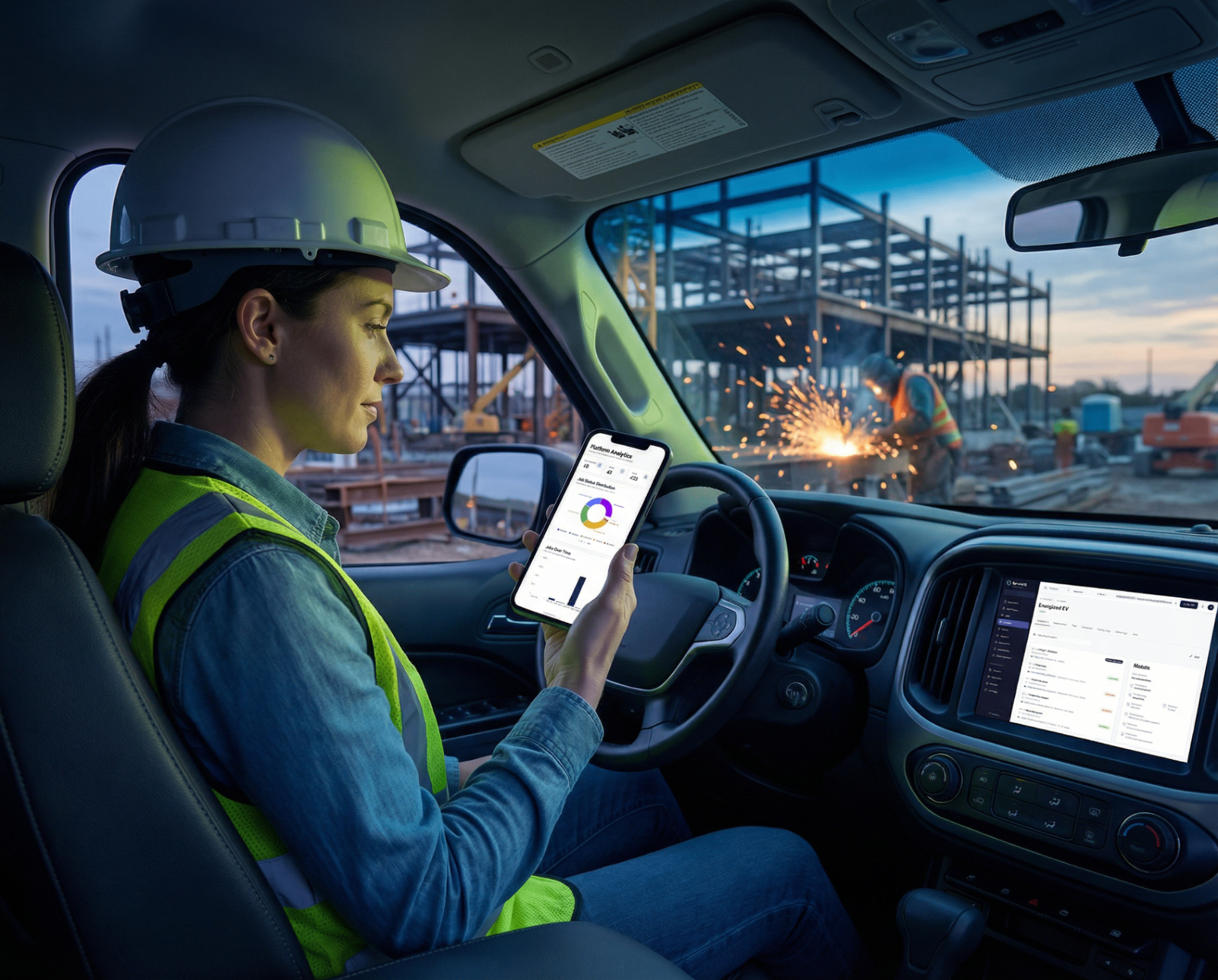 Female construction supervisor in a truck cab reviewing platform analytics on a phone while a welder works on the steel frame outside at dusk