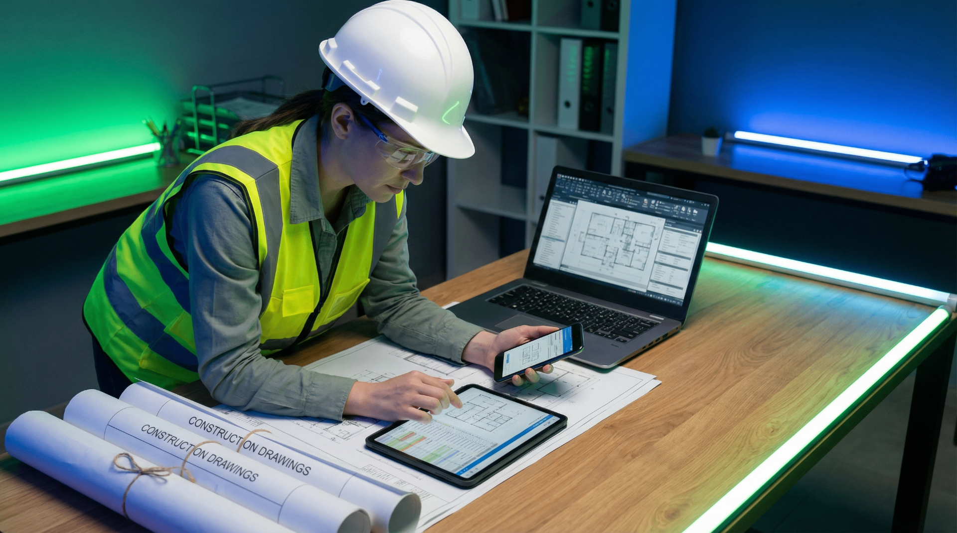 Public works field engineer reviewing construction drawings and inspection data on tablet, laptop, and mobile — every action captured as an attributed, timestamped event in the audit-ready operating system