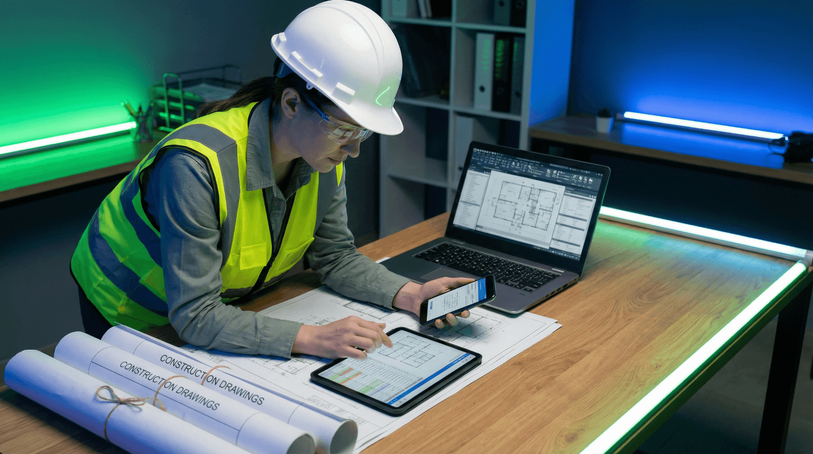 Public works field engineer reviewing construction drawings and inspection data on tablet, laptop, and mobile, every action captured as an attributed, timestamped event in the audit-ready operating system