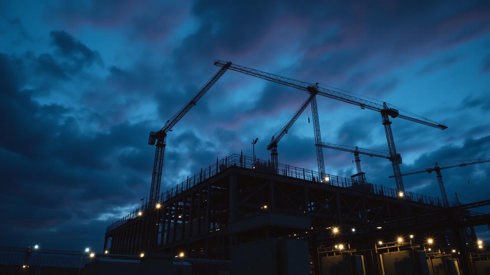 Data center under construction at dusk with cranes and exposed power infrastructure