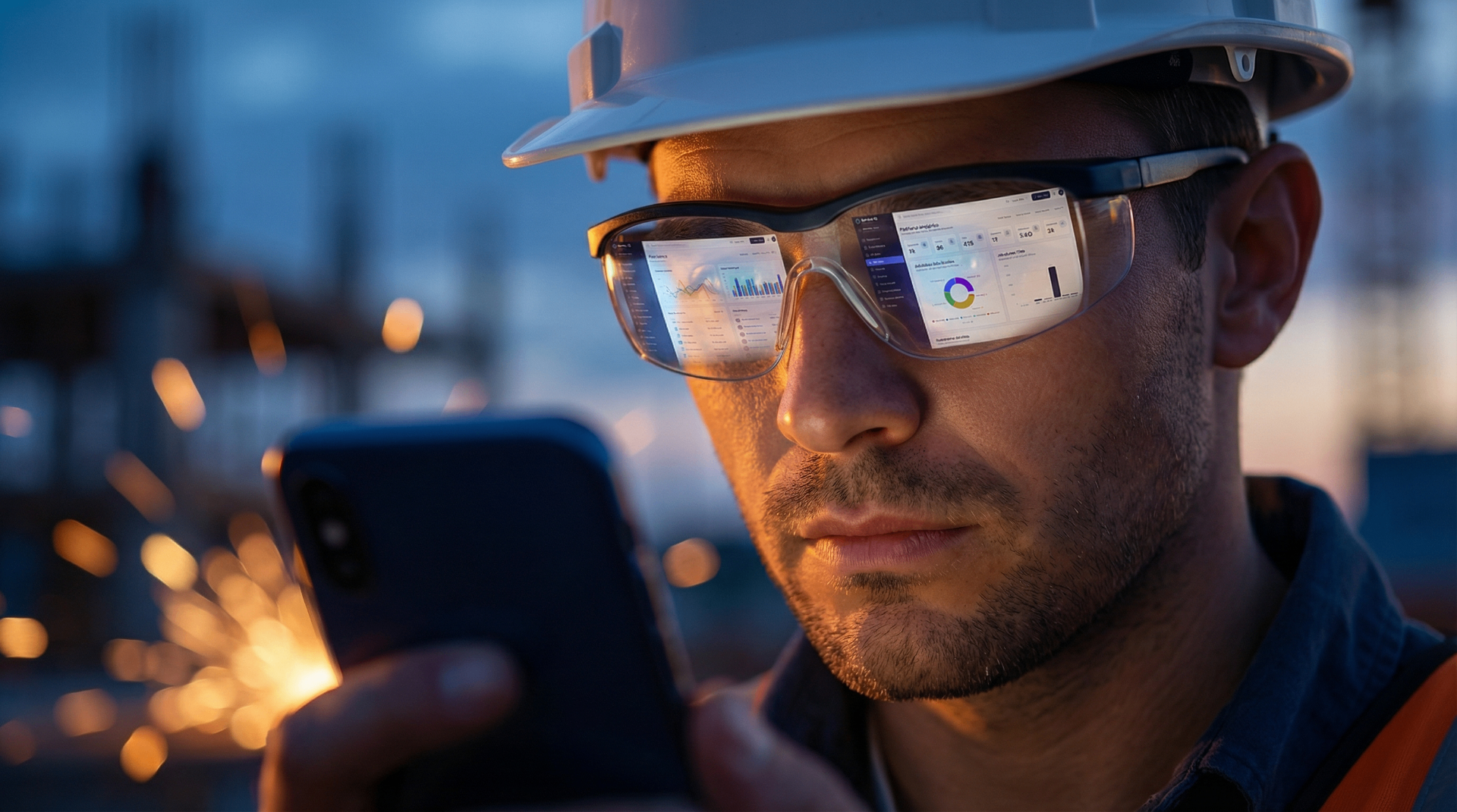 Field service technician viewing dispatch analytics on mobile, with operations dashboards reflected in safety glasses