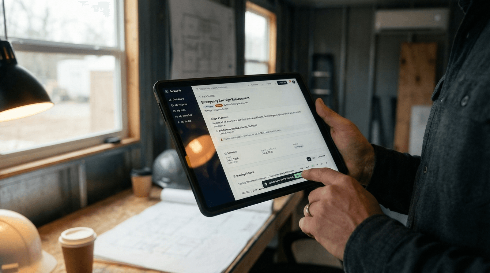 Public works field supervisor reviewing a governed job record on a tablet: drawings, specs, RFIs, and submittals attributed, versioned, and queryable on demand for FOIA and public records fulfillment