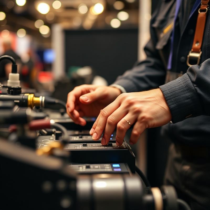 Close-up of hands-on equipment demo at a trade show