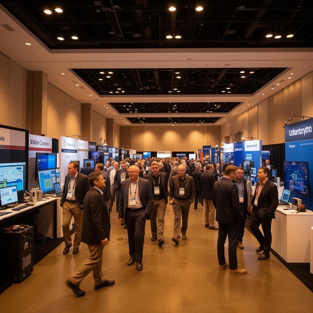 Technology expo floor with live equipment demonstrations