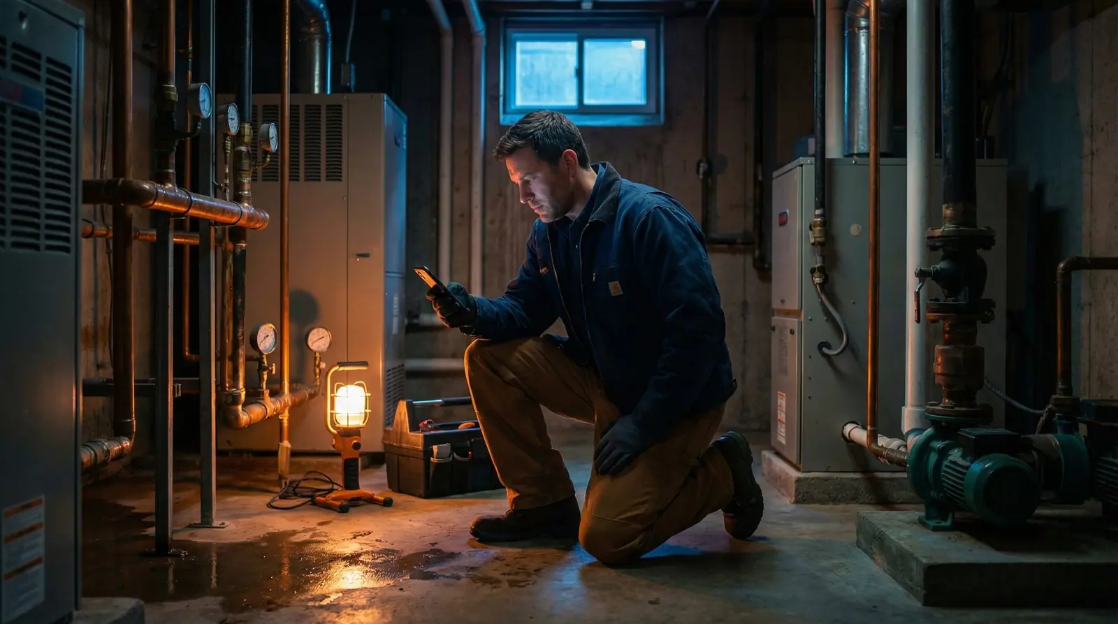 Field technician kneeling in a mechanical room, reviewing job data on a phone beside HVAC equipment and a work light