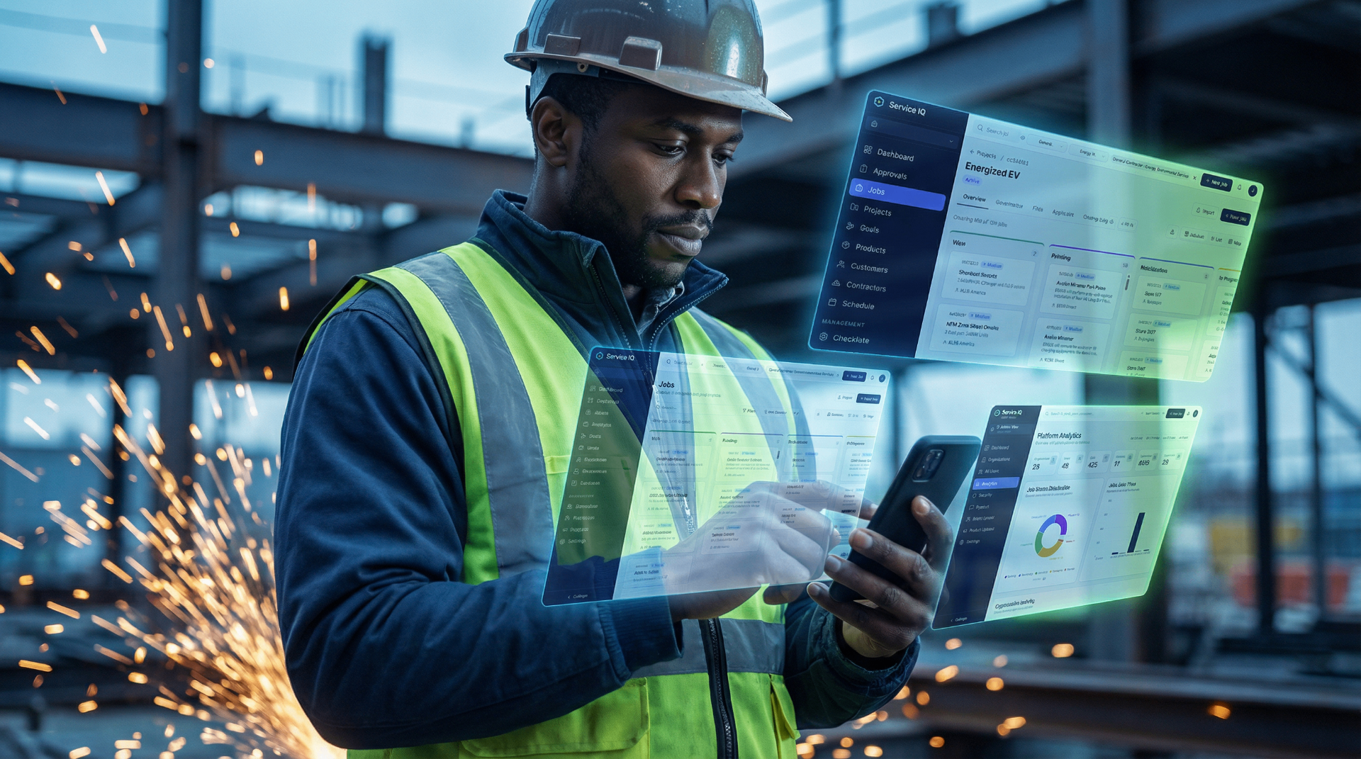 Field worker juggling multiple ServiceIQ dashboards and portals from one device