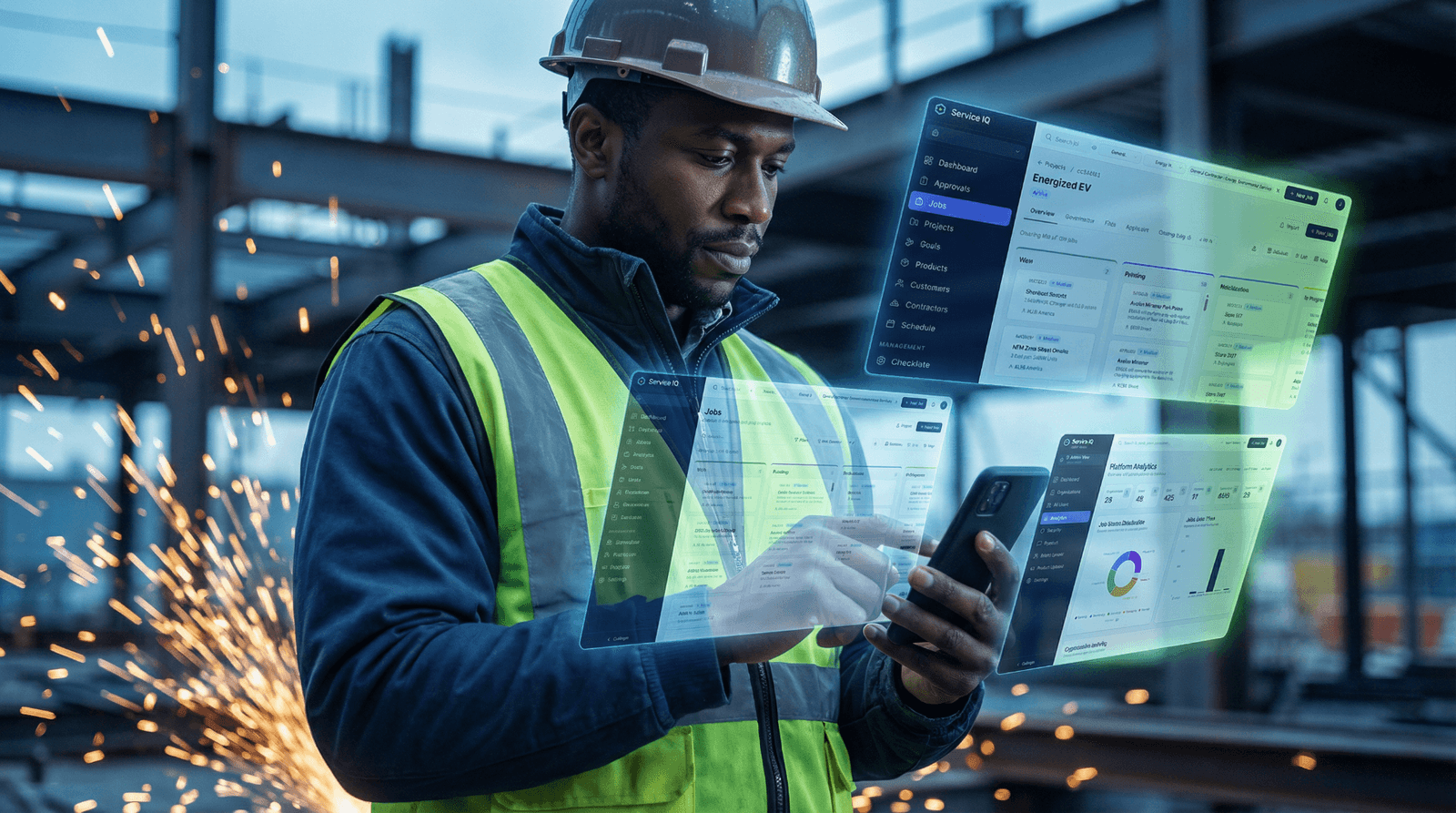 Field worker juggling multiple ServiceIQ dashboards and portals from one device