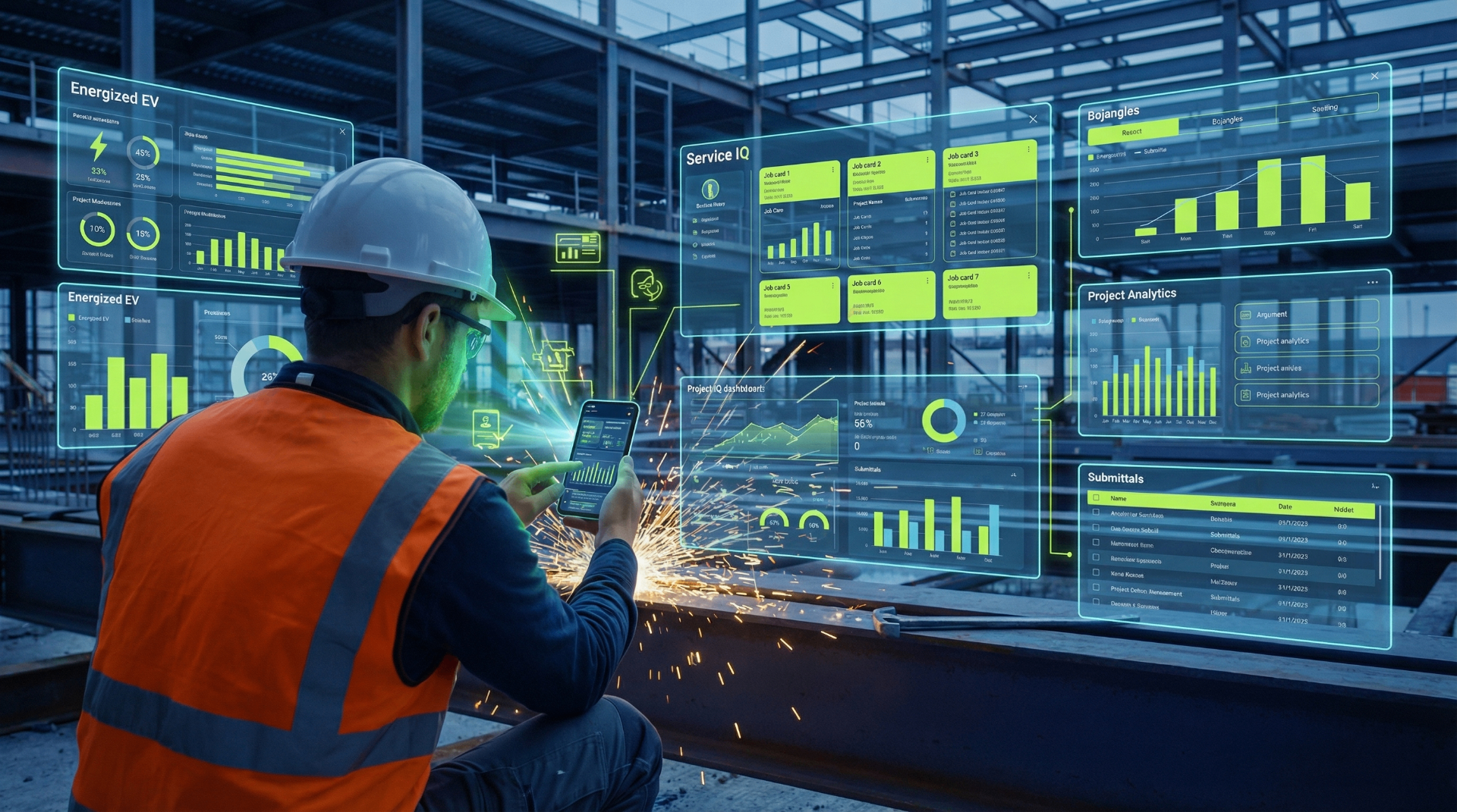 Field worker using ServiceIQ dashboard on a construction site with digital project analytics overlay