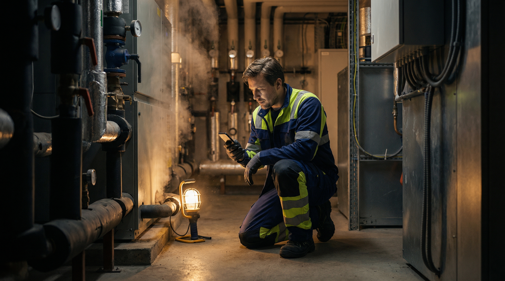 Infrastructure technician inspecting equipment in a utility corridor using mobile device