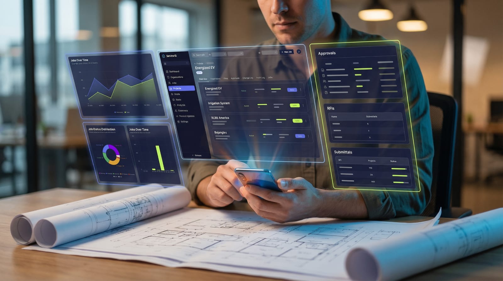 Operations leader reviewing real-time per-contract margin, approvals, RFIs, and submittal dashboards on a unified ServiceIQ interface
