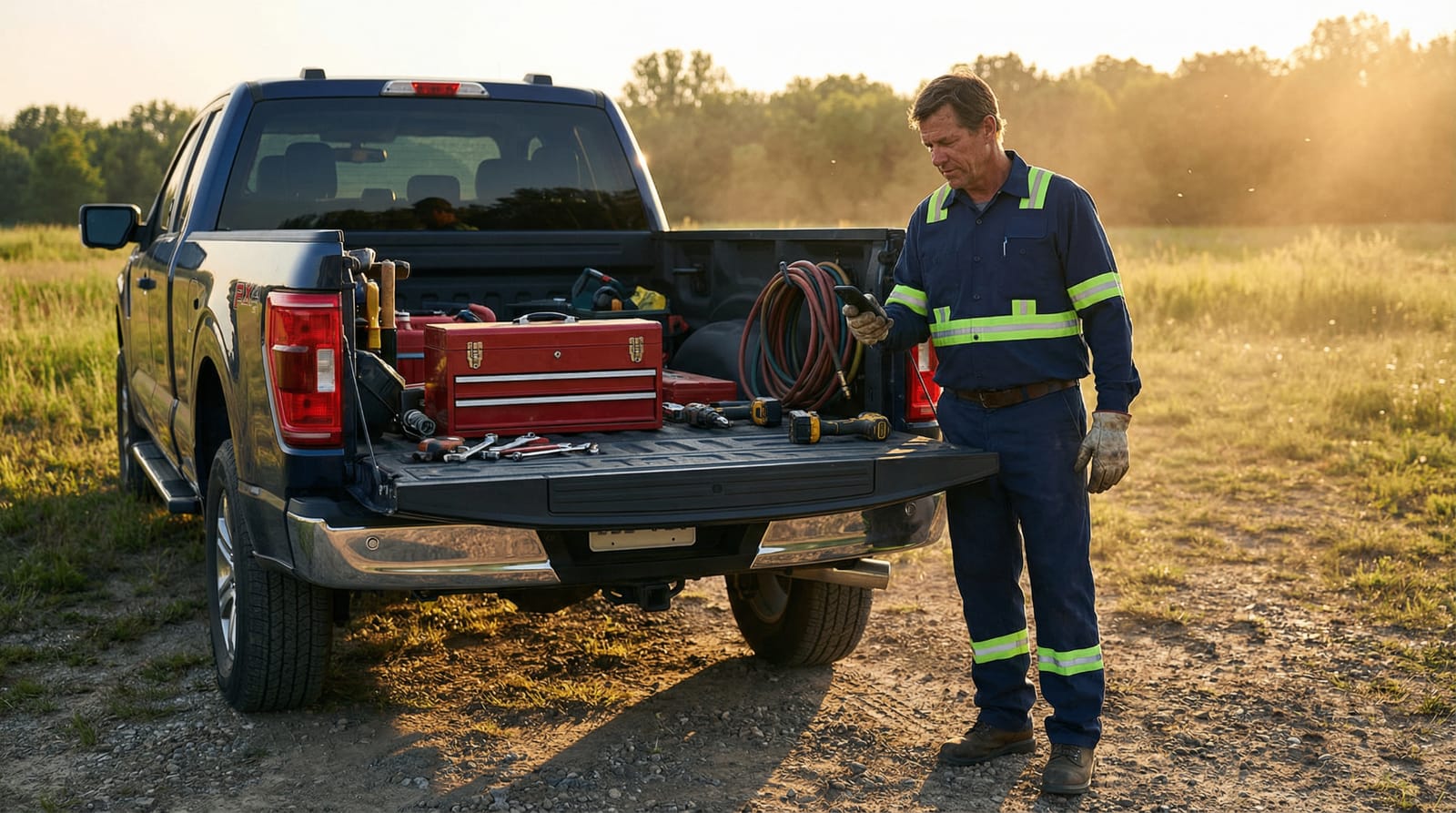 Field service technician at the tailgate of a service truck reviewing a recurring maintenance schedule on his phone at golden hour