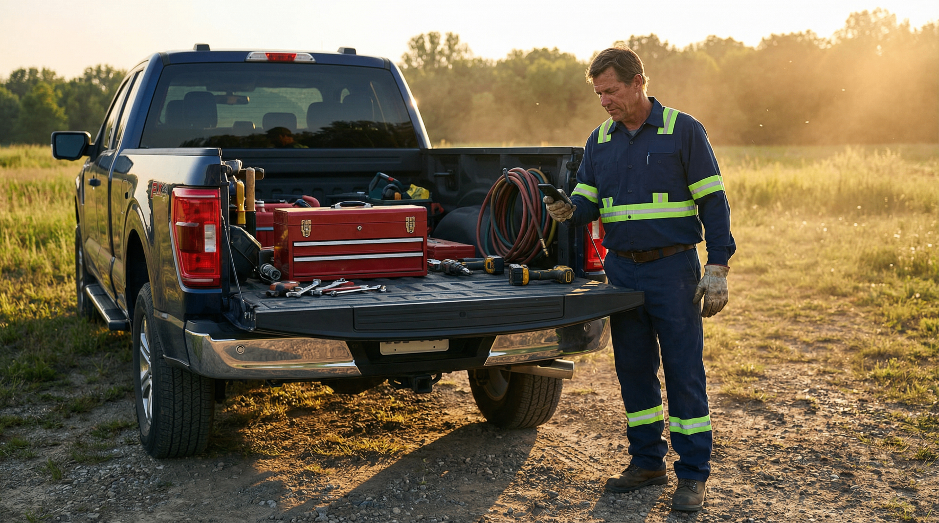 Field service technician at the tailgate of a service truck reviewing a recurring maintenance schedule on his phone at golden hour
