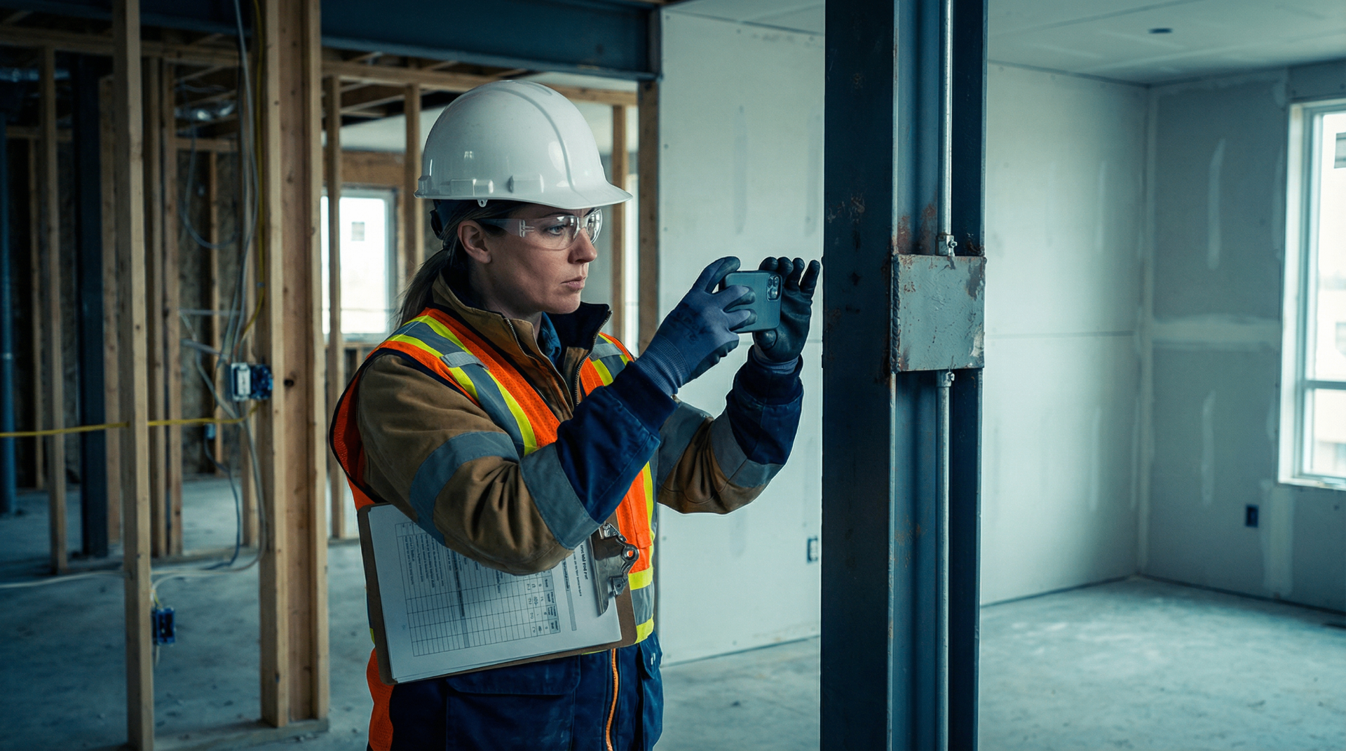 Inspector documenting renewable energy installation with mobile capture