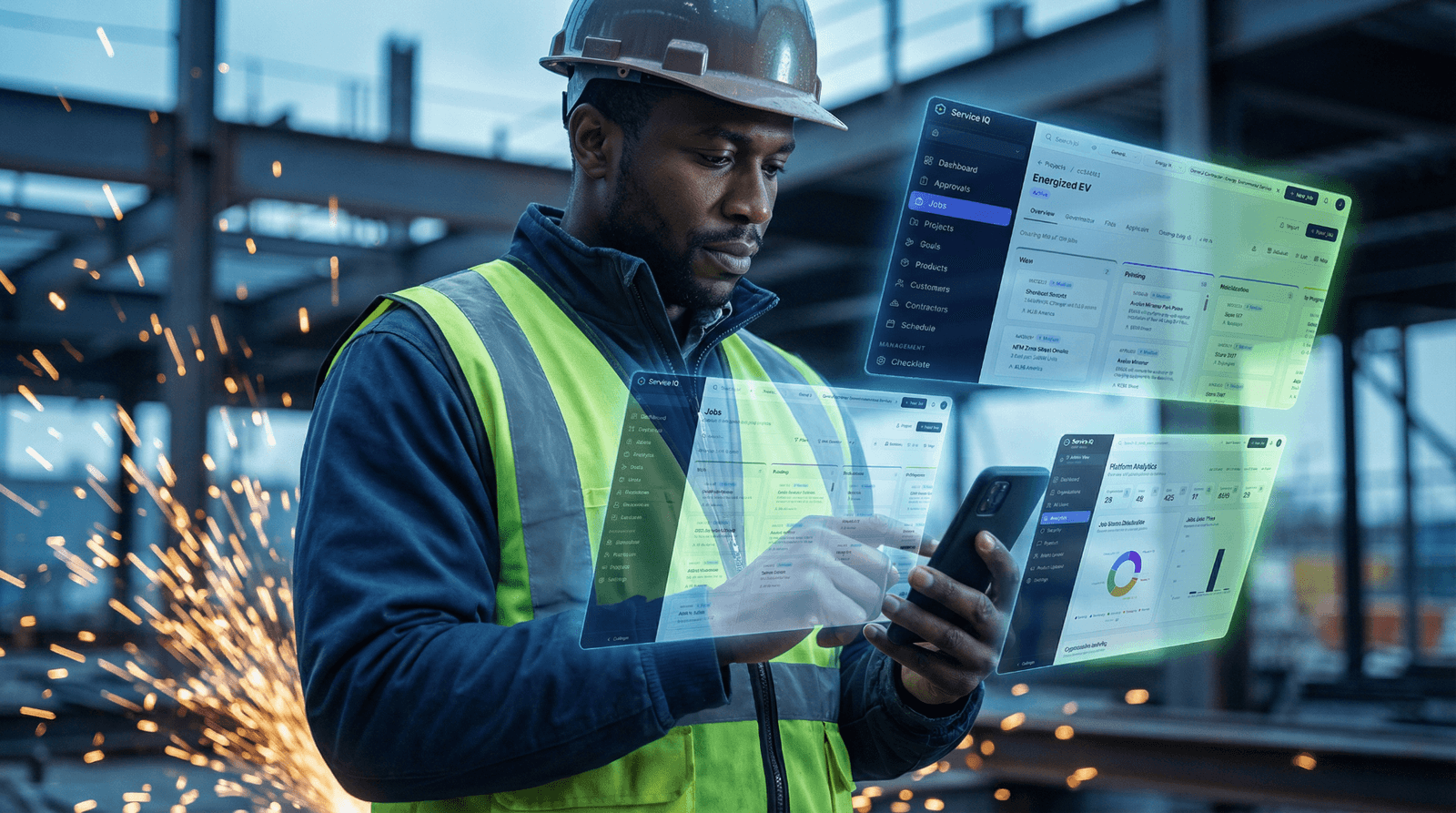 Field technician on an active renewable energy site reviewing live ServiceIQ jobs, projects, and analytics dashboards in augmented reality