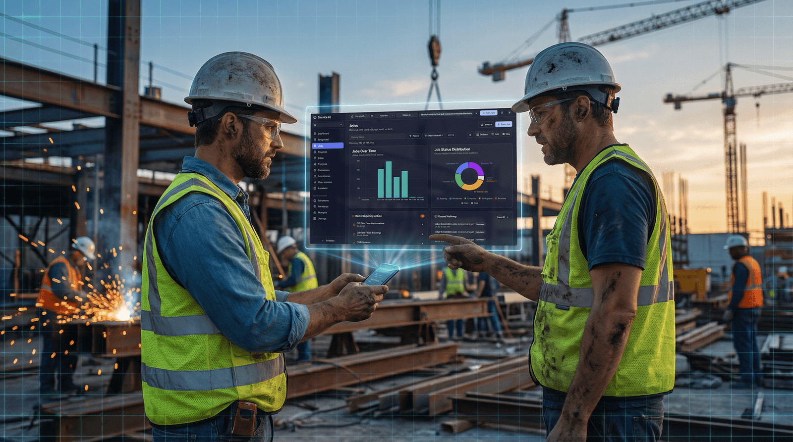 Field crews reviewing a ServiceIQ jobs dashboard with status charts on a steel jobsite
