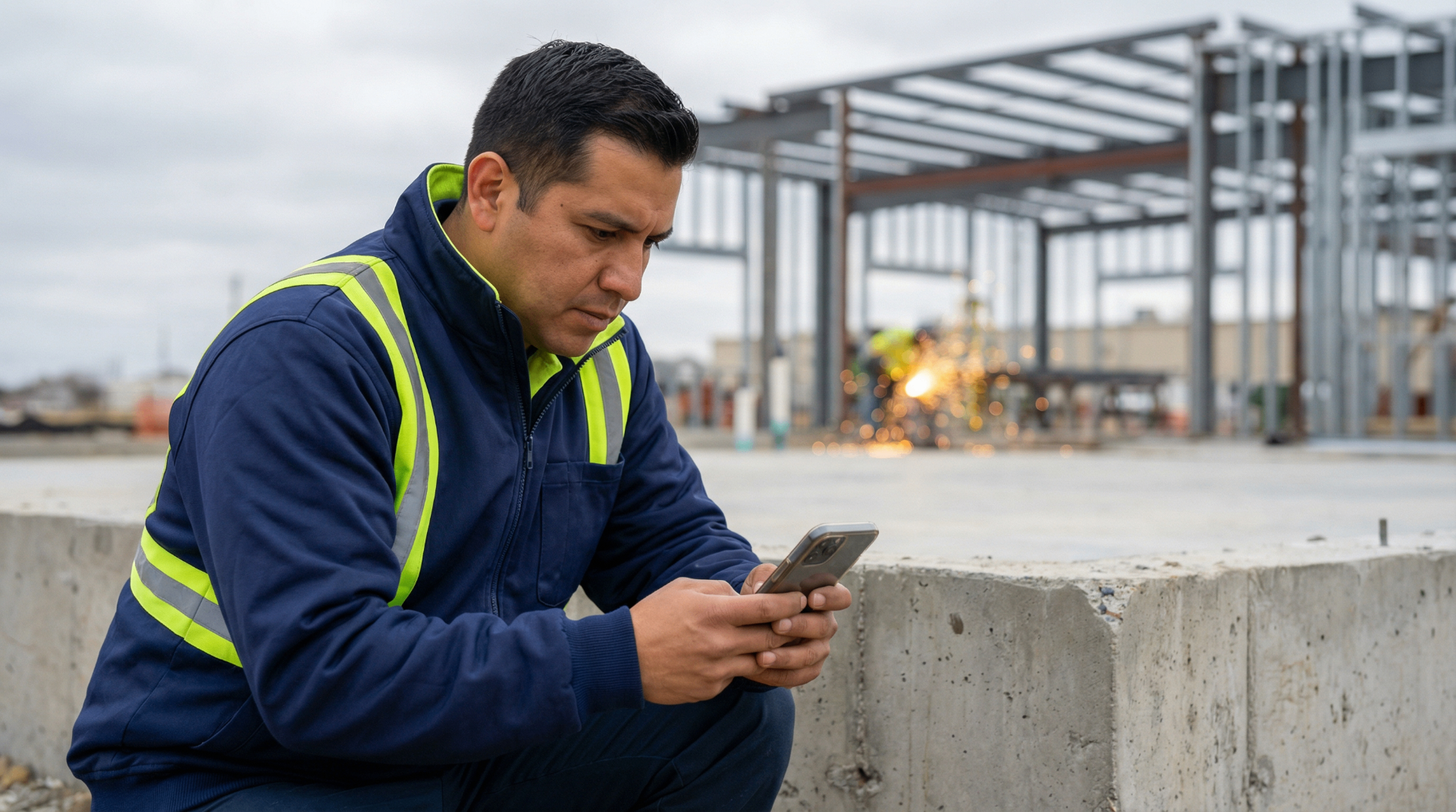 Field technician checking phone at a steel-frame jobsite at dawn