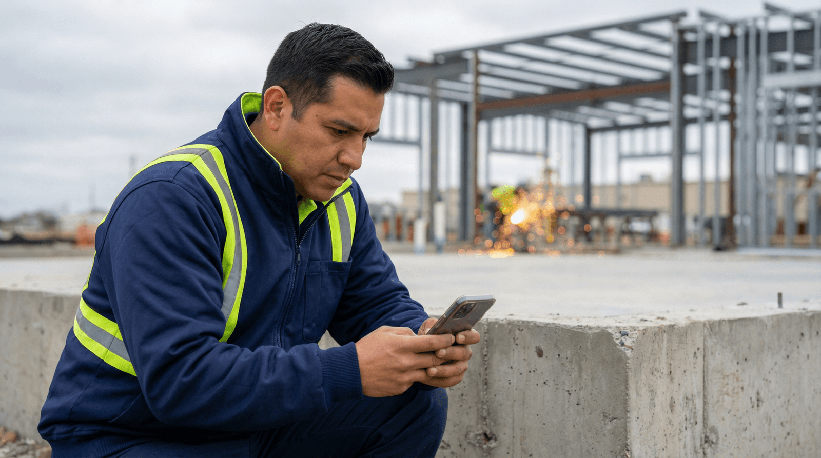 Field technician checking phone at a steel-frame jobsite at dawn