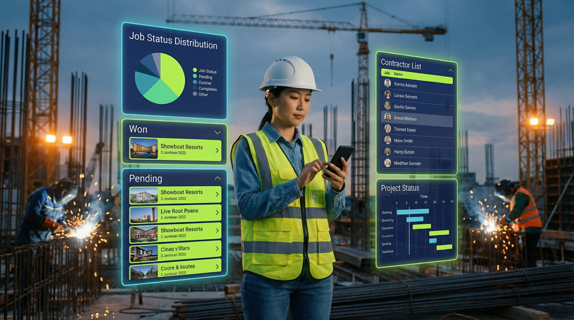 Field operator reviewing live solar portfolio dashboards — job status, contractor list, and project timeline — on a utility-scale construction site.