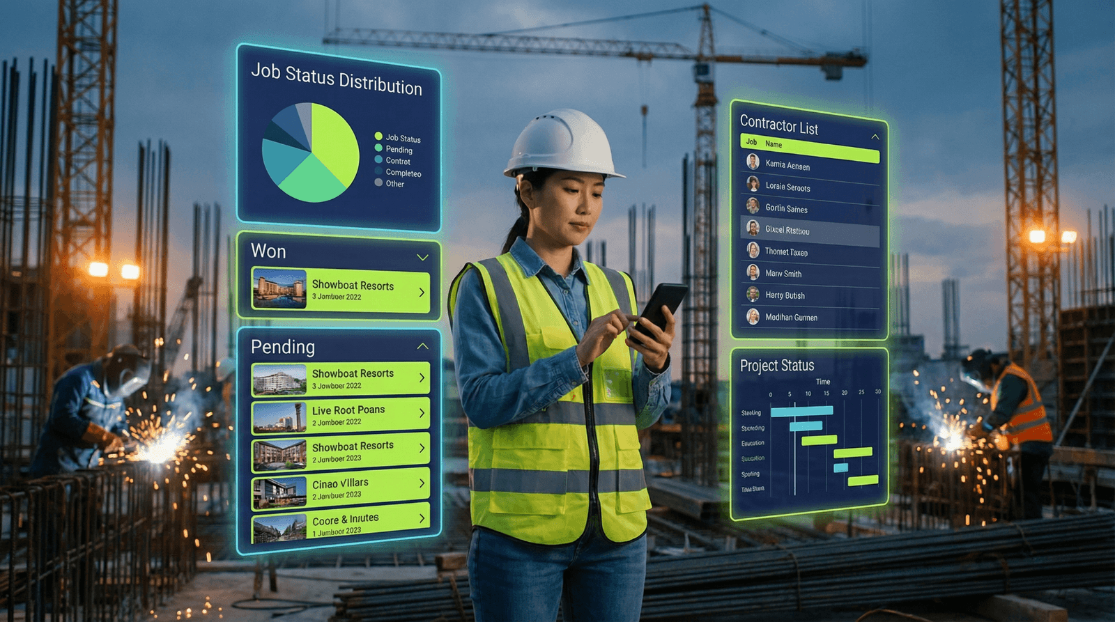 Field operator reviewing live solar portfolio dashboards (job status, contractor list, and project timeline) on a utility-scale construction site.