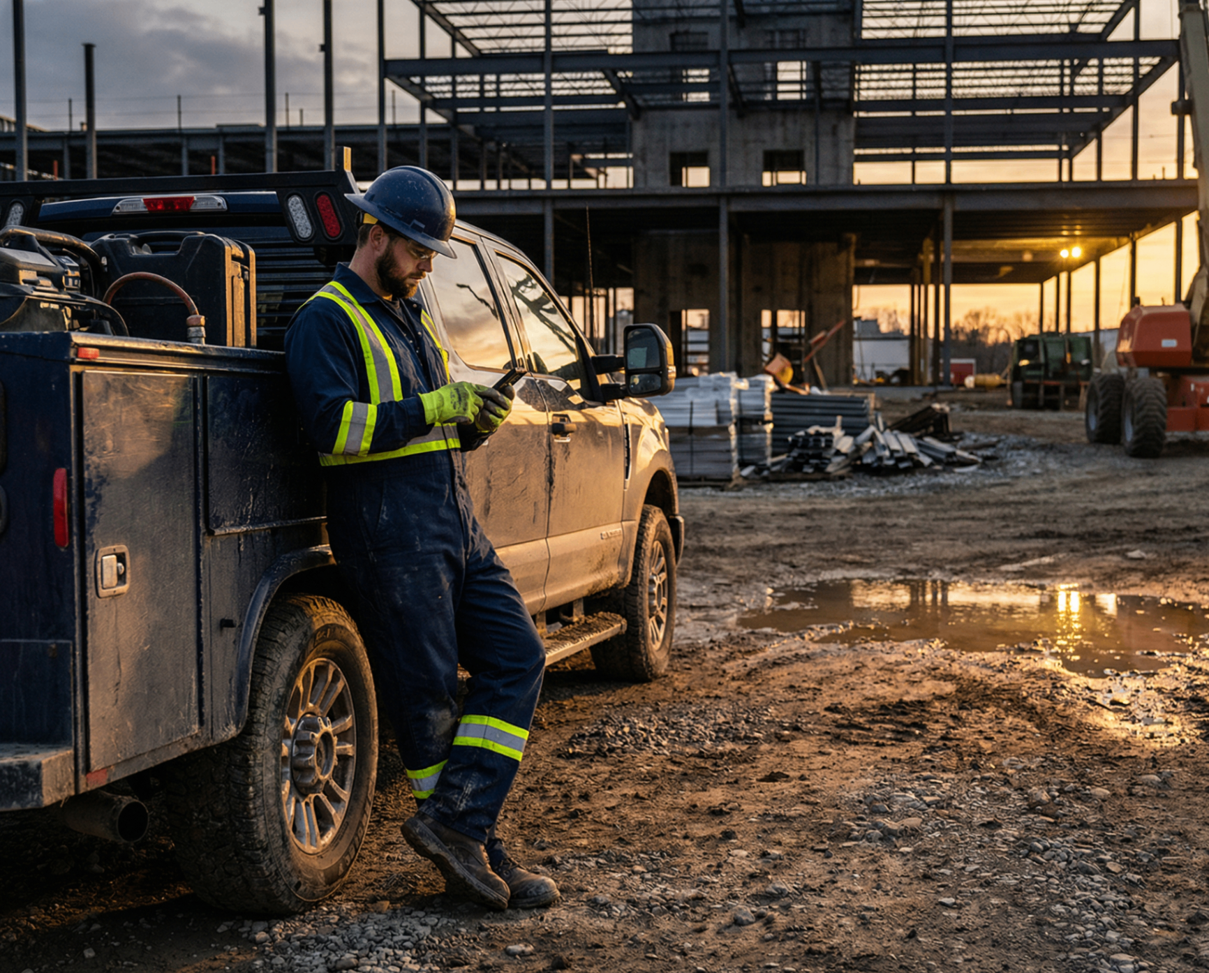 Telecom field service technician using mobile 5G site management software at a tower deployment construction site