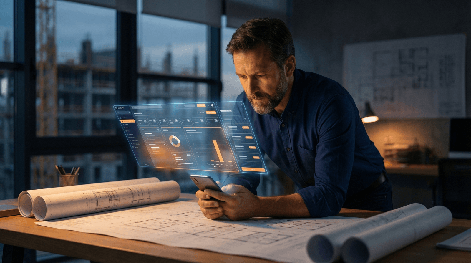Operator reviewing a unified multi-trade dashboard across HVAC, plumbing, and electrical operations