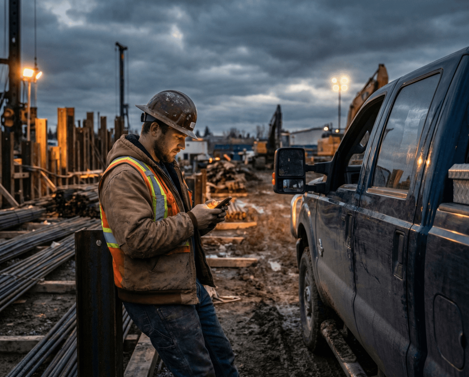 Subcontracted technician on a jobsite checking phone for the next assignment