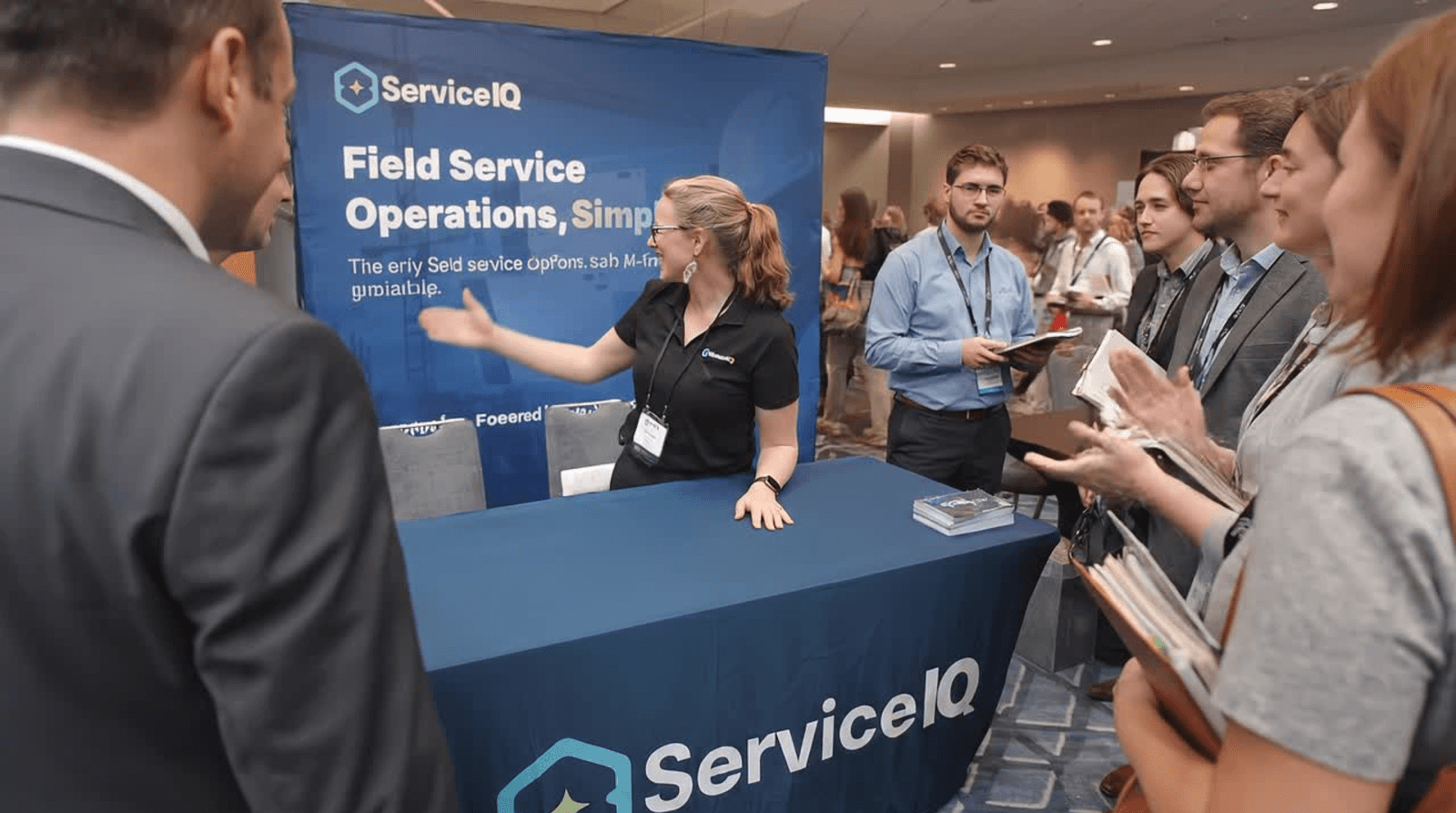 A ServiceIQ team member greeting attendees at a "Field Service Operations, Simplified" booth at a construction industry conference