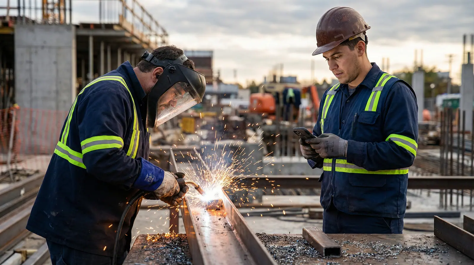 A welder and a coworker checking a phone at a steel-frame construction site, sparks flying mid-weld