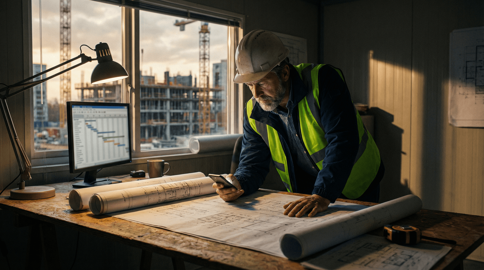 A general contractor project manager reviewing blueprints and checking his phone at a jobsite desk at dusk, with a schedule glowing on his computer screen