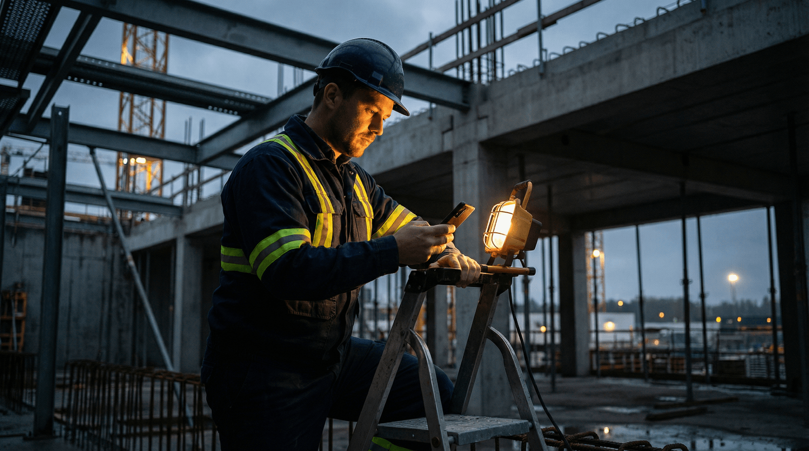 Construction worker checking a phone by lamplight on a jobsite at dusk