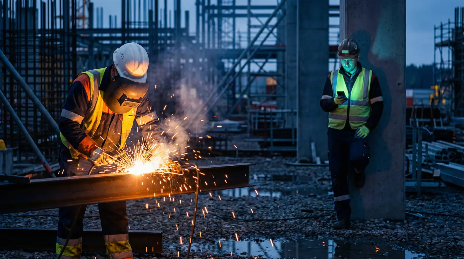 A welder mid-weld with sparks flying while a coworker checks his phone against a concrete column at a dusk construction site