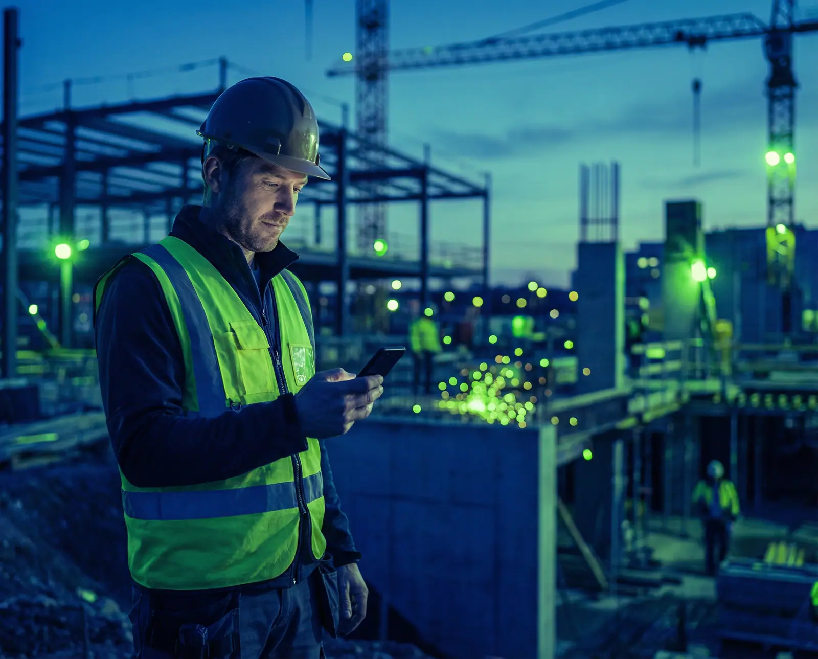 A construction worker checking his phone at a steel-frame jobsite at dusk, with green site lighting and welding sparks in the background