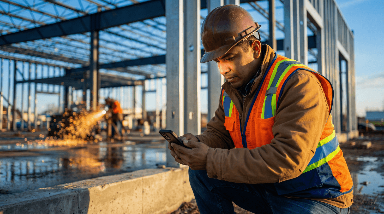 A construction worker in a hard hat and safety vest checking his phone at a steel-frame jobsite at dusk while a coworker uses a grinder in the background