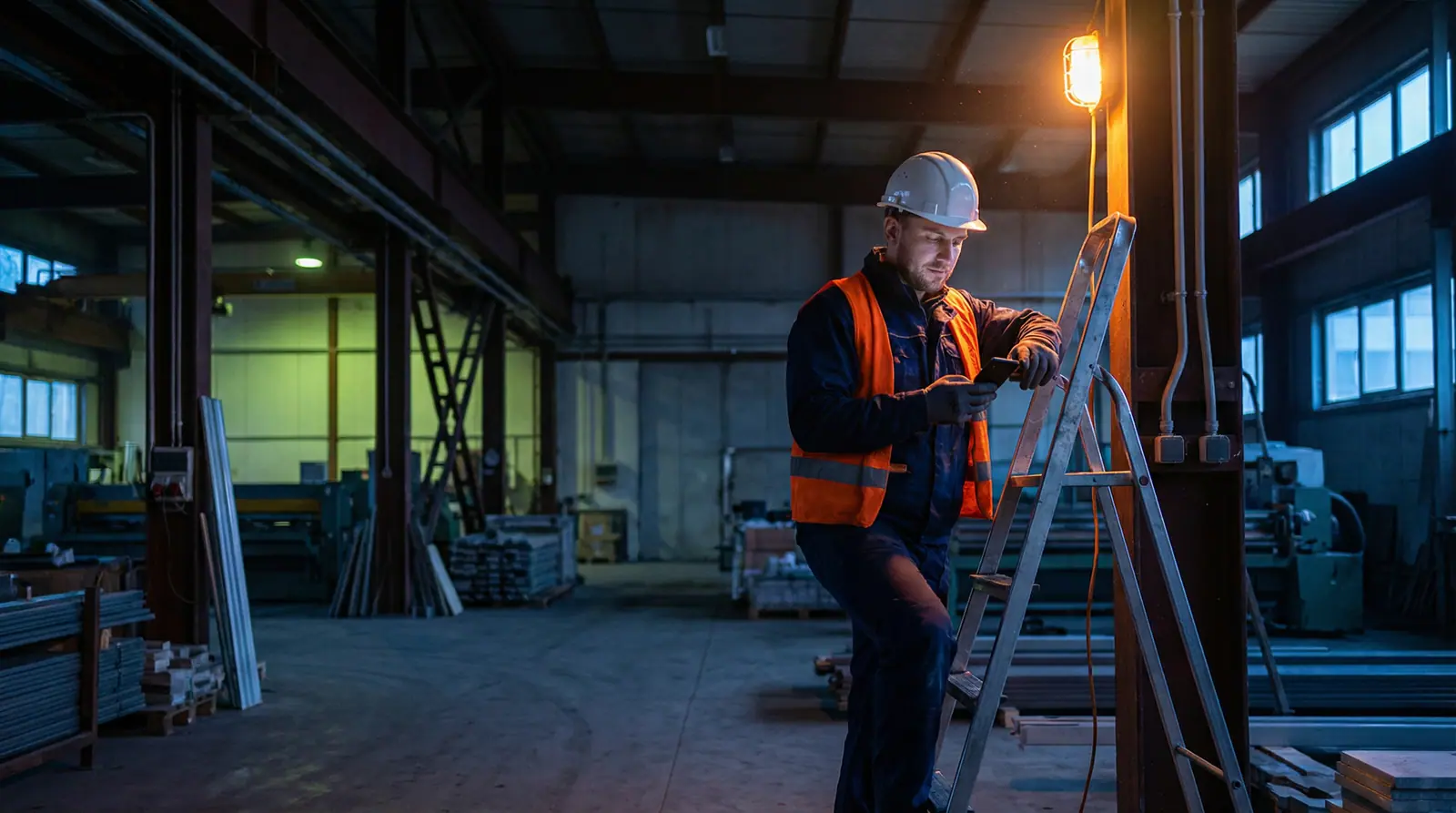 A construction worker checking his phone while standing on a ladder inside a steel-frame warehouse at night