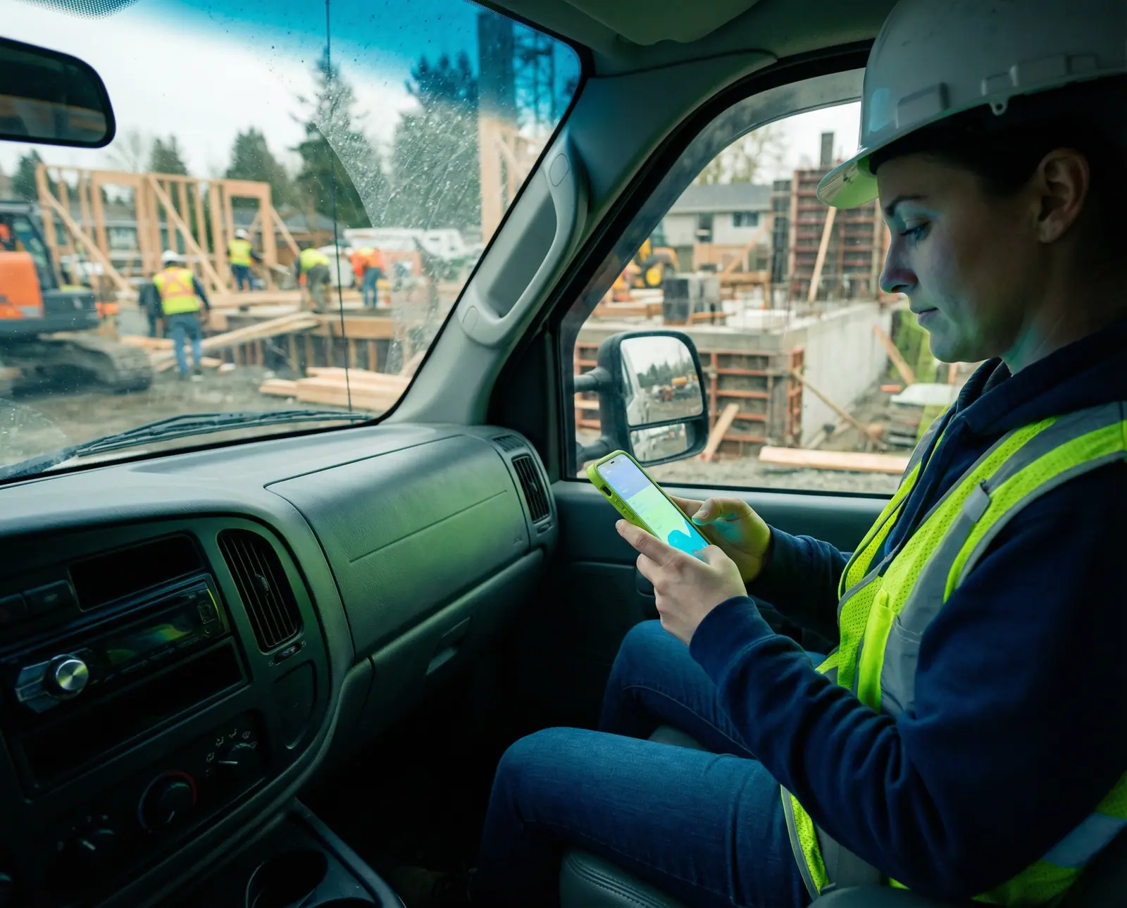 A construction supervisor checking a scheduling app on her phone from inside a truck at an active jobsite