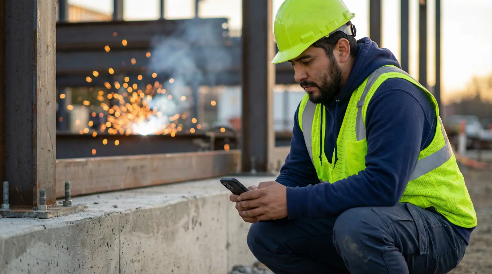 A construction worker crouching to check his phone near welding sparks at a jobsite
