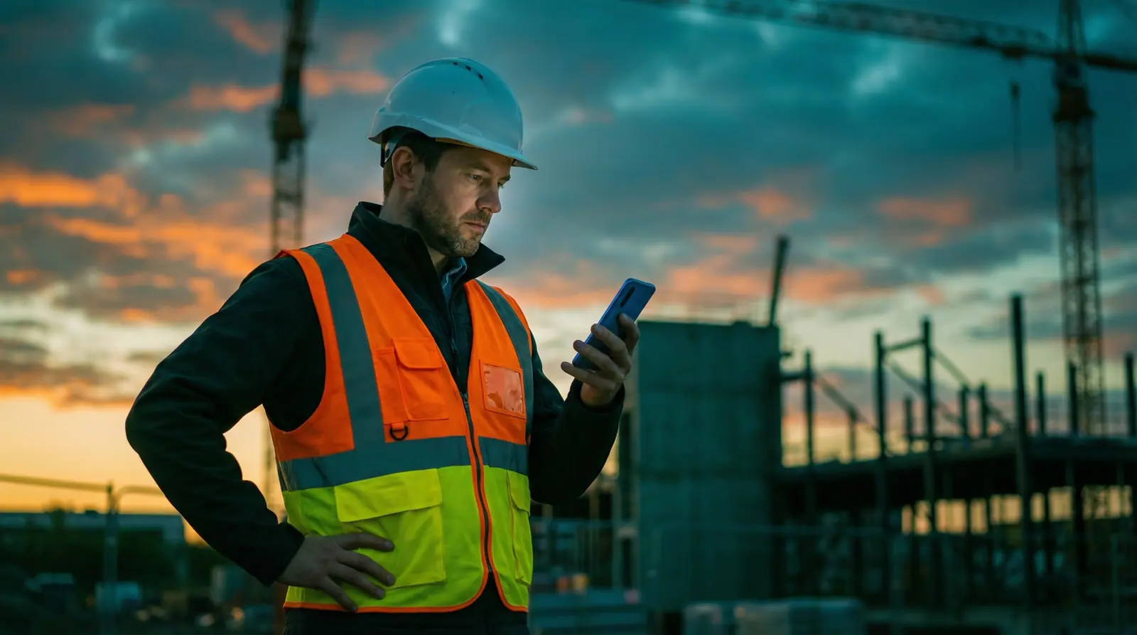 A contractor in a hard hat checking his phone at a construction site at dusk