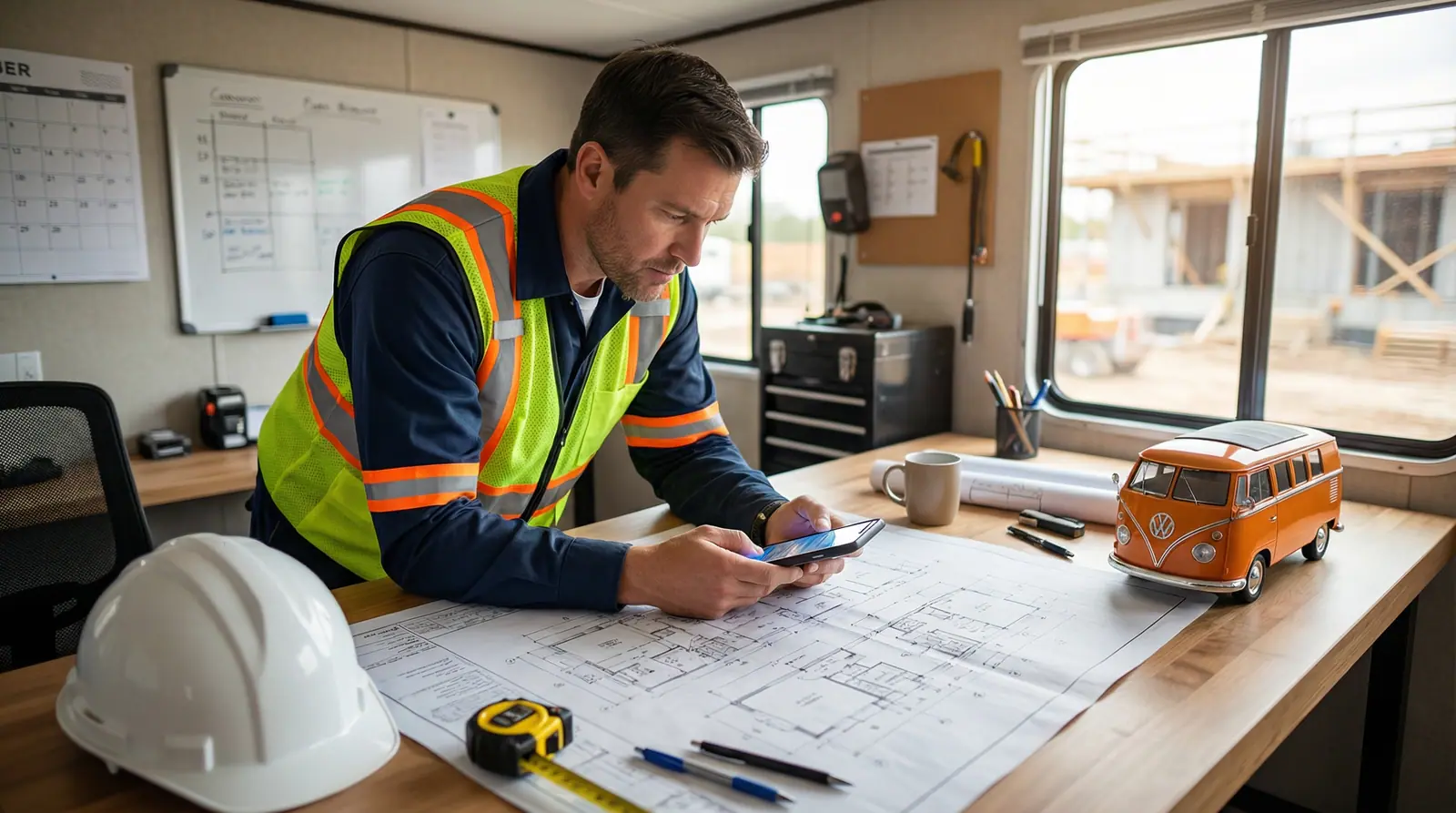 A project manager checking his phone at a desk with blueprints and a toy VW bus inside a jobsite office trailer