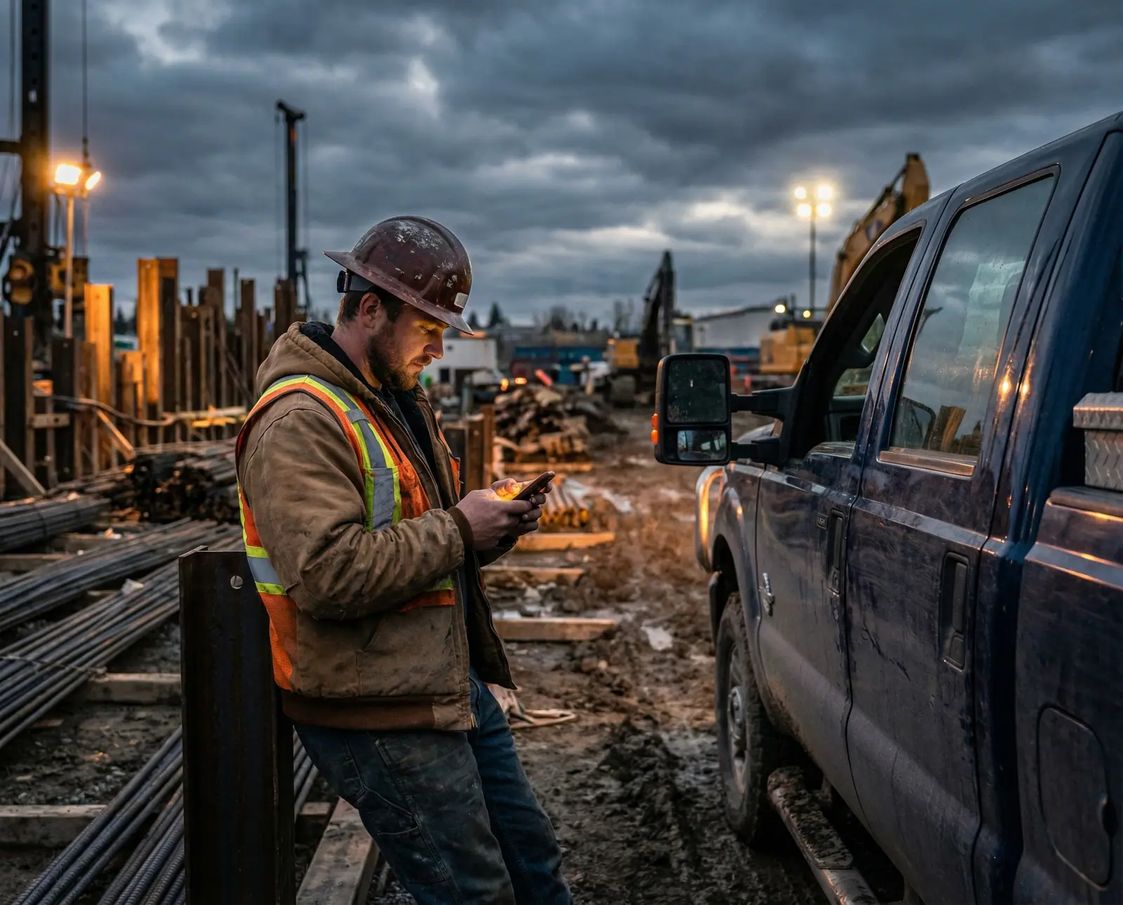 A construction worker checking his phone at dusk beside a pickup truck on a muddy jobsite