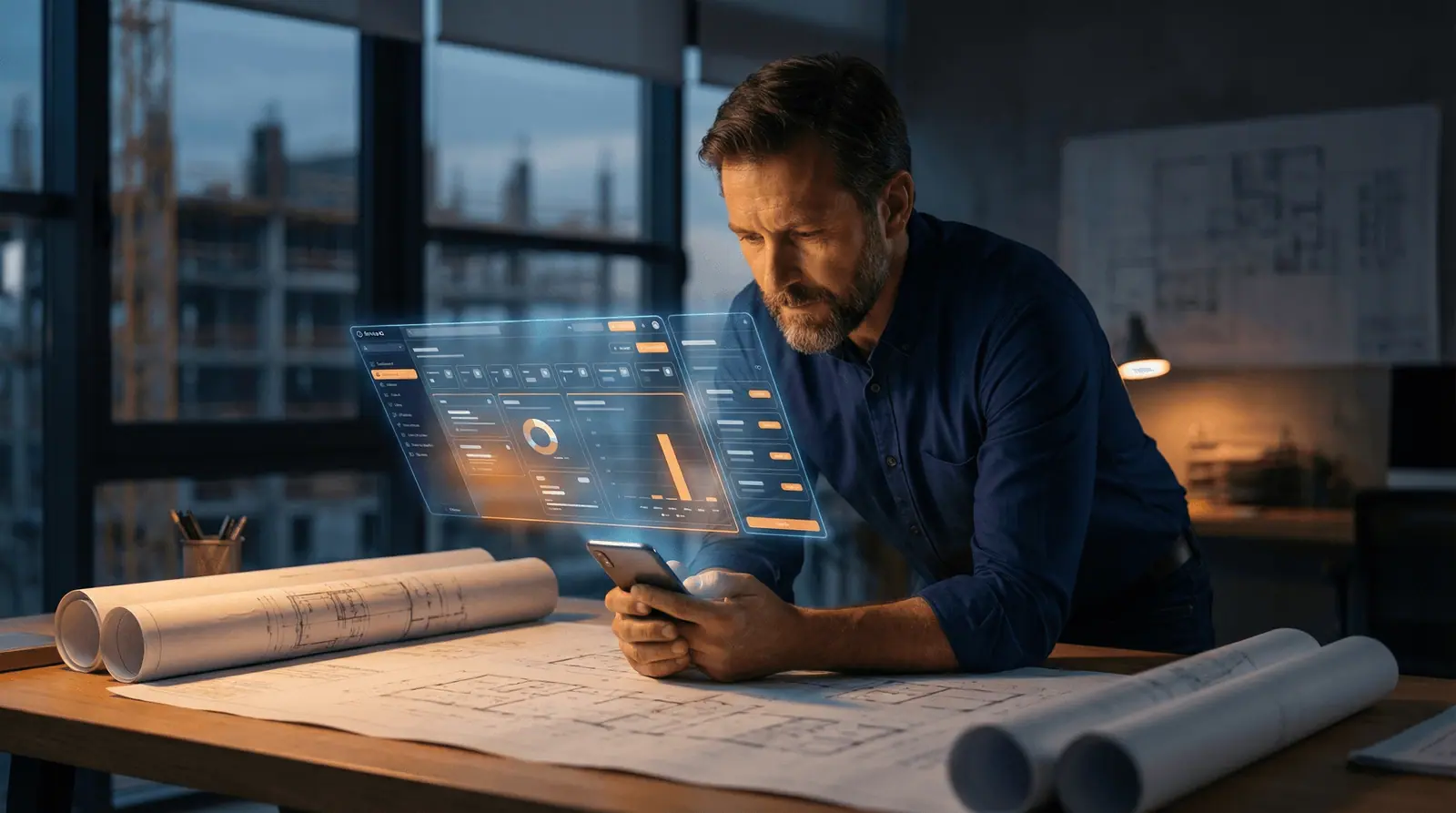 Contractor reviewing a financial dashboard on a translucent screen while checking his phone at a jobsite desk covered in blueprints