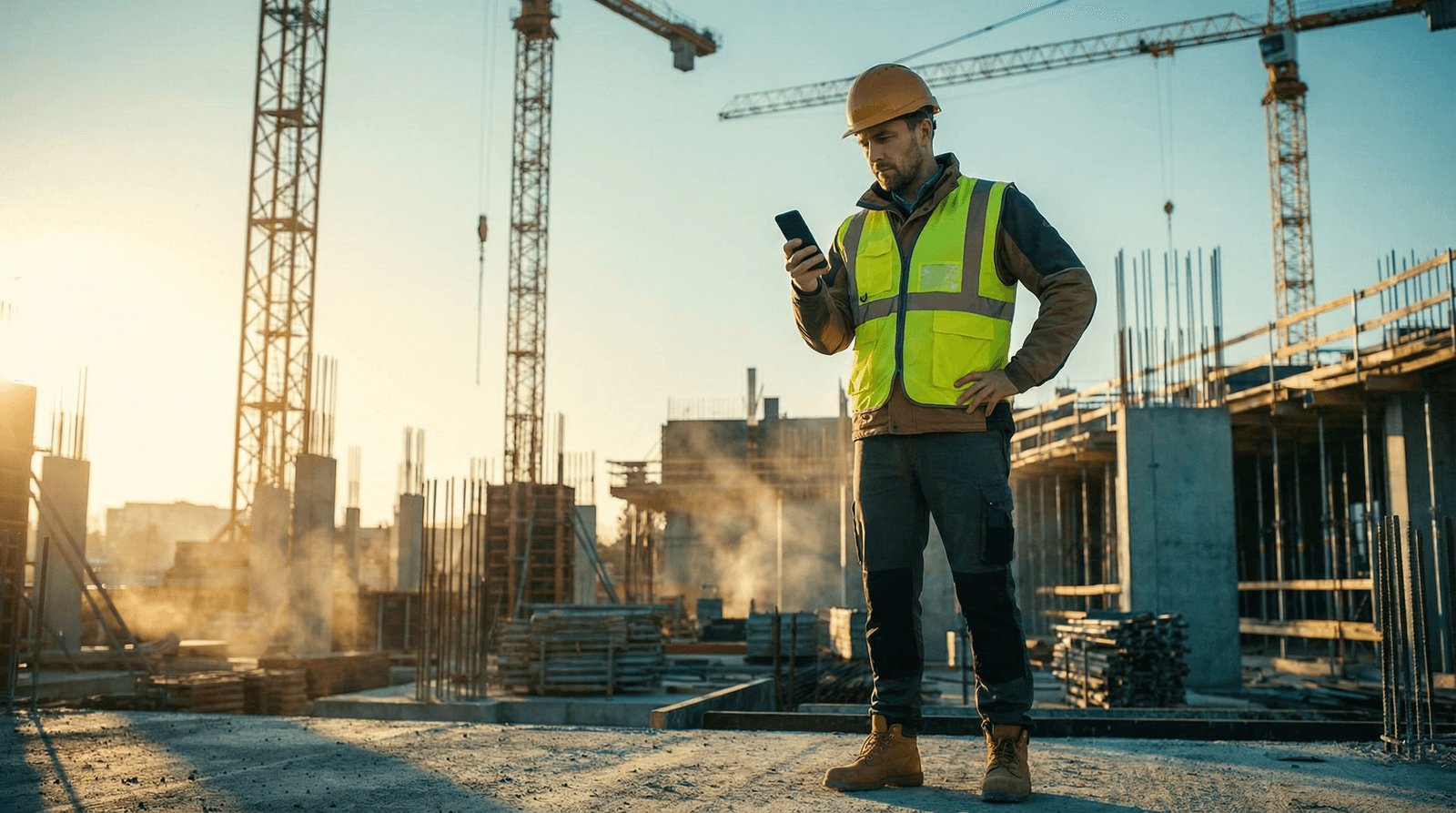 A general contractor in a hard hat checking his phone at a construction site with tower cranes in the background