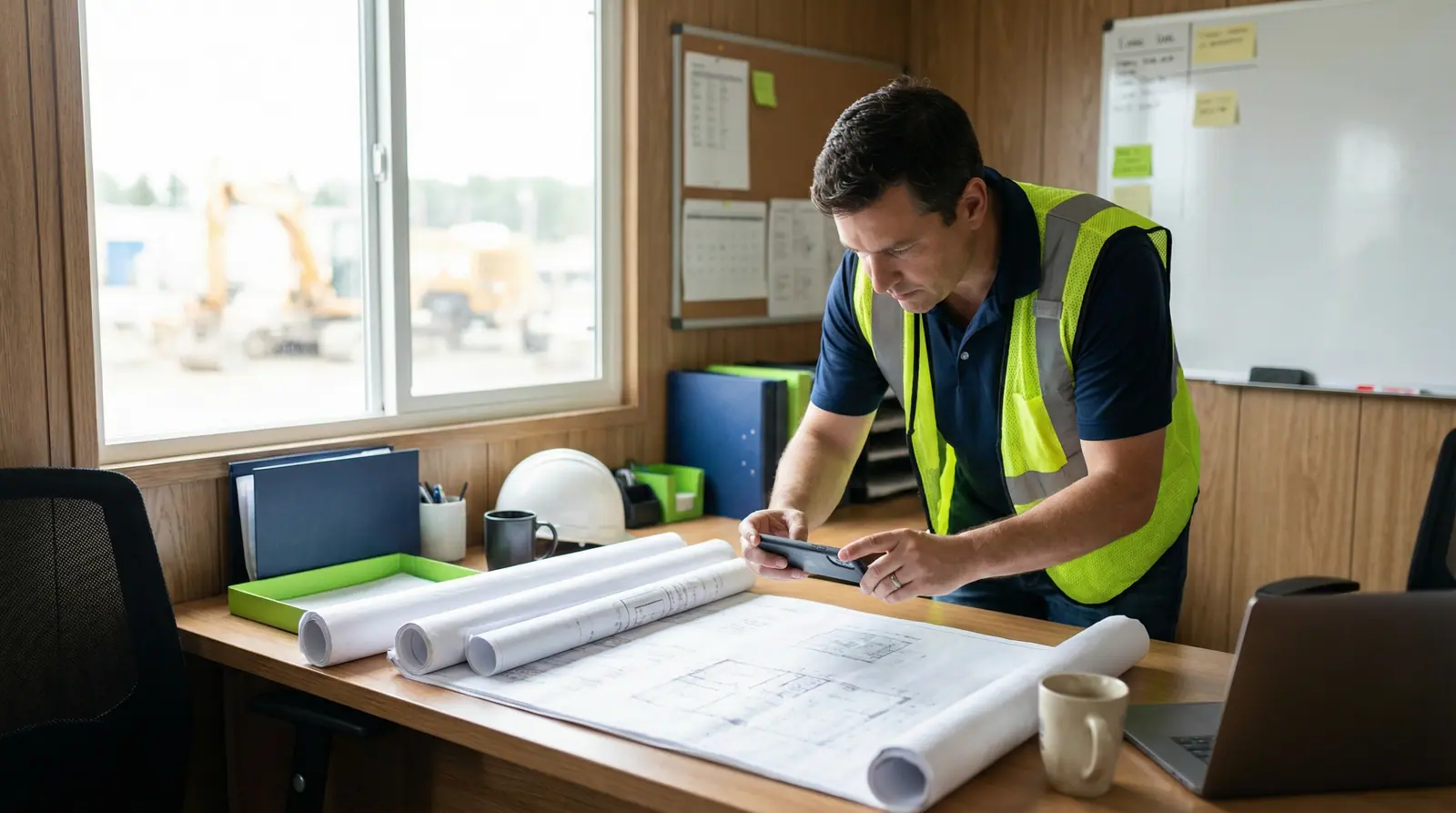 A project manager photographing blueprints with his phone at a desk inside a jobsite office trailer