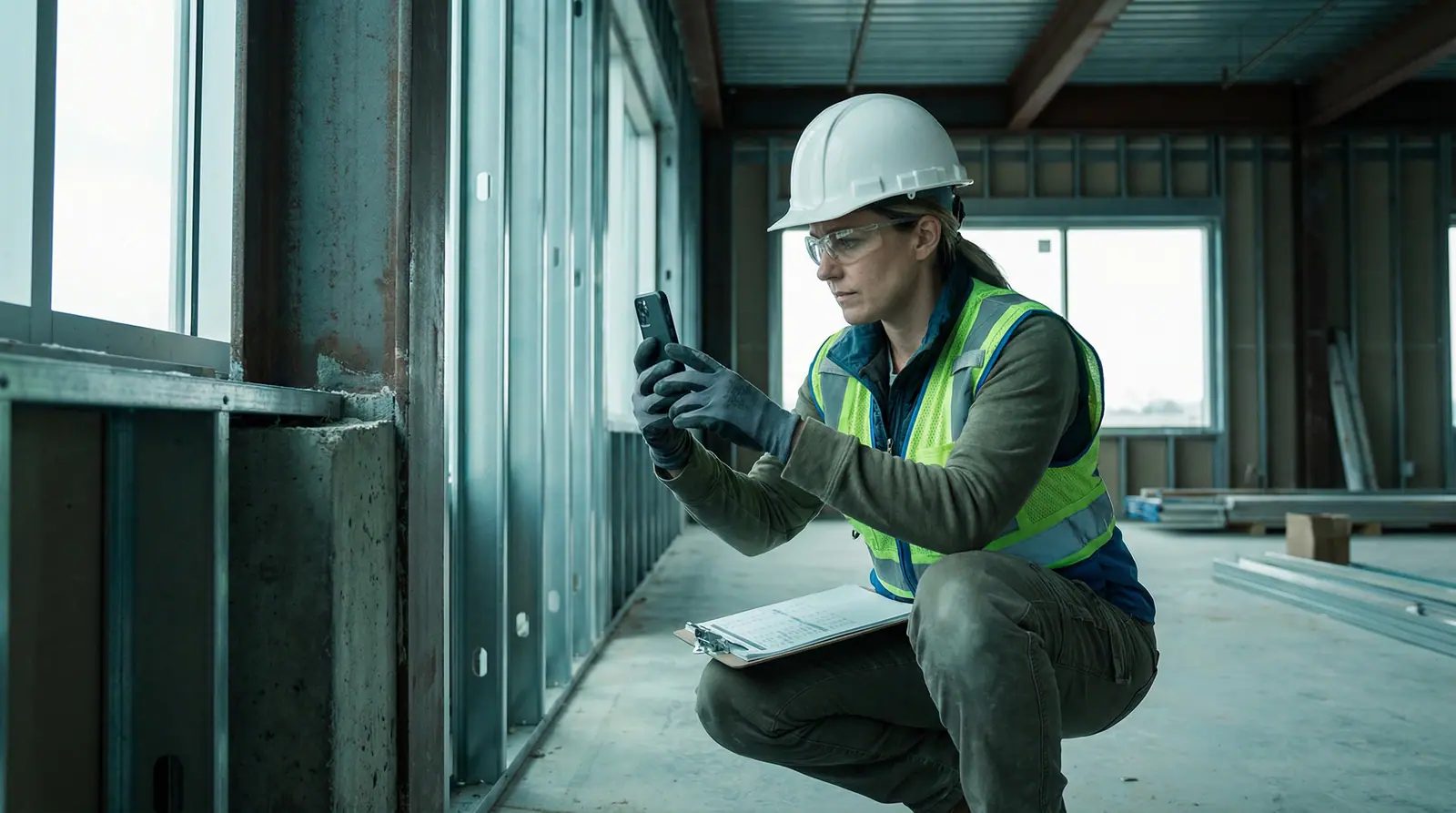 A construction worker crouching to check her phone with a clipboard on her knee inside a steel-frame building