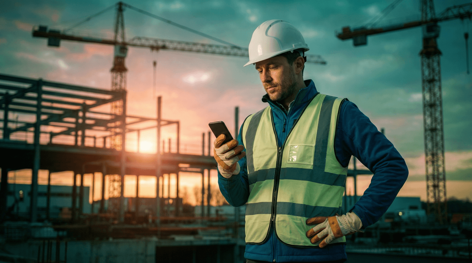 Construction site manager reviewing a change order request on a tablet while standing on site