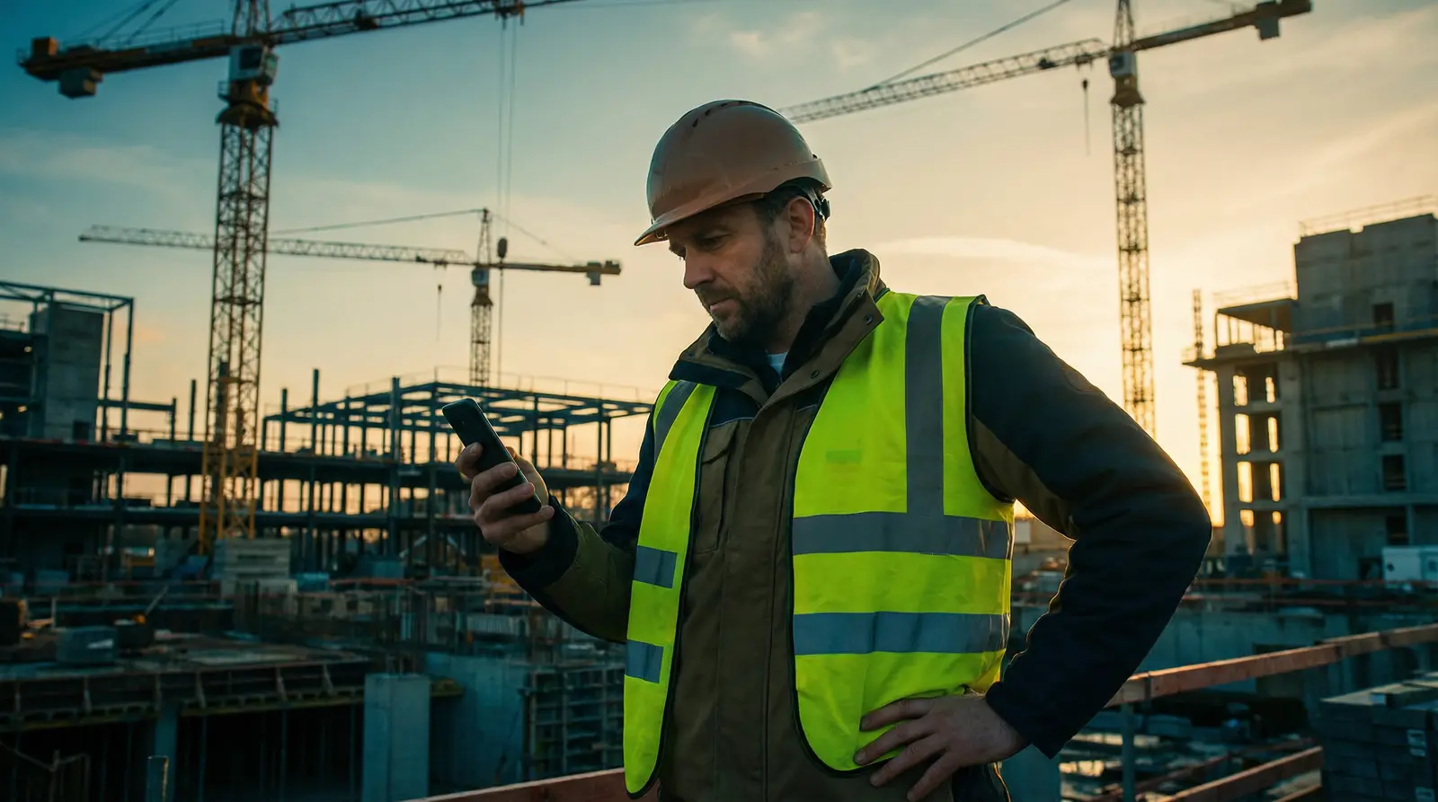 A contractor checking his phone at a construction site at sunset with cranes in the background