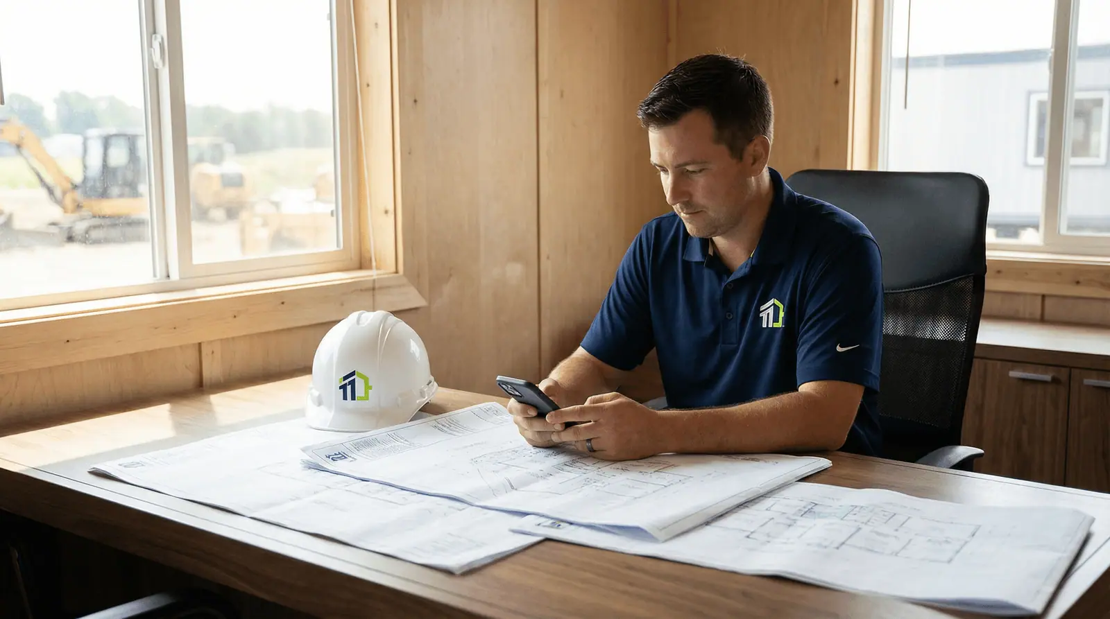 Construction business owner reviewing his phone and blueprints at a desk inside a jobsite office trailer
