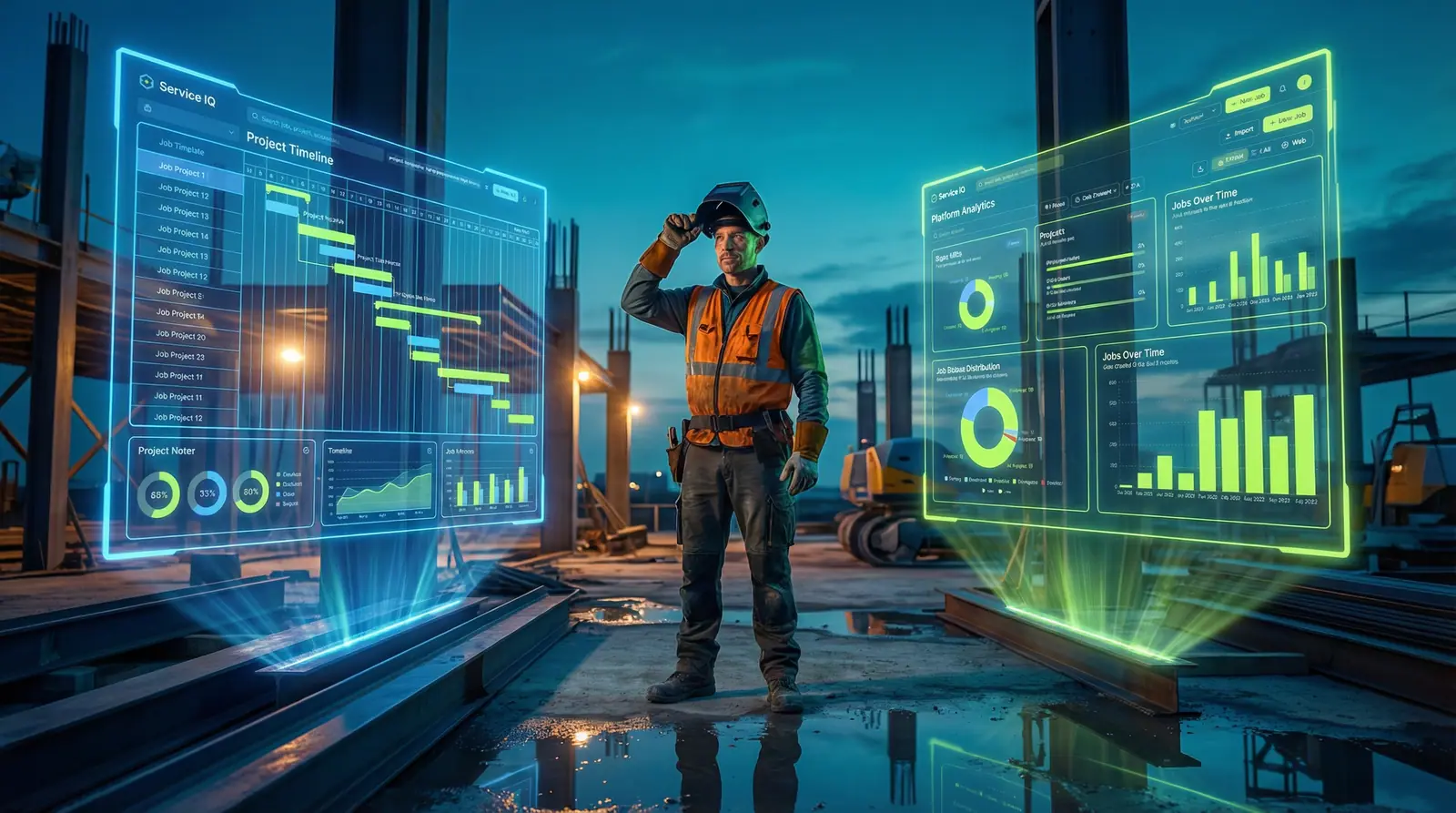 A futuristic holographic project dashboard and analytics display projected beside a construction worker on a job site at dusk