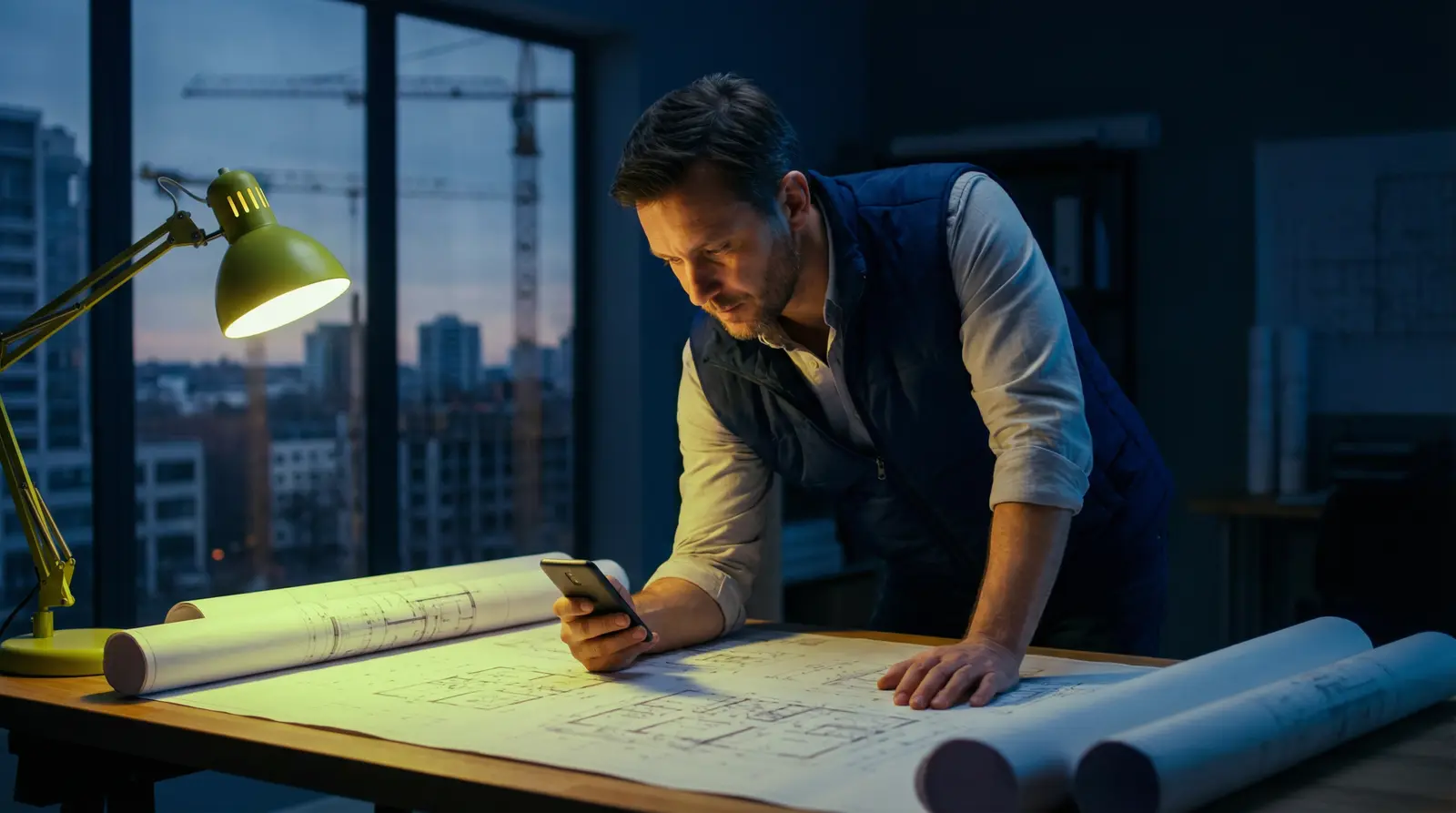 A contractor reviewing blueprints and checking a phone at a late-night desk overlooking a construction site