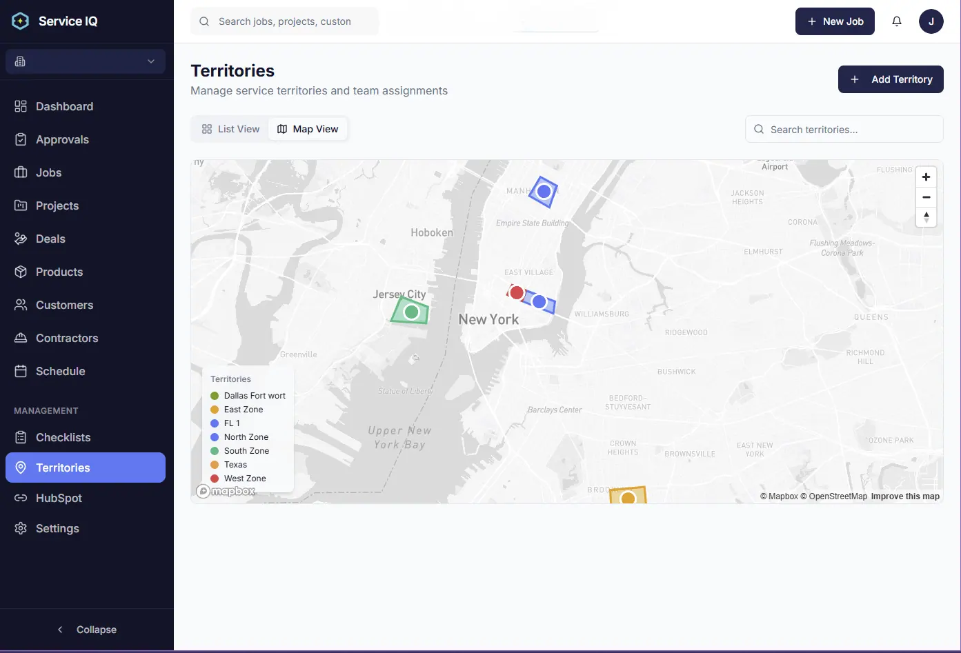 ServiceIQ territories map view for dispatch